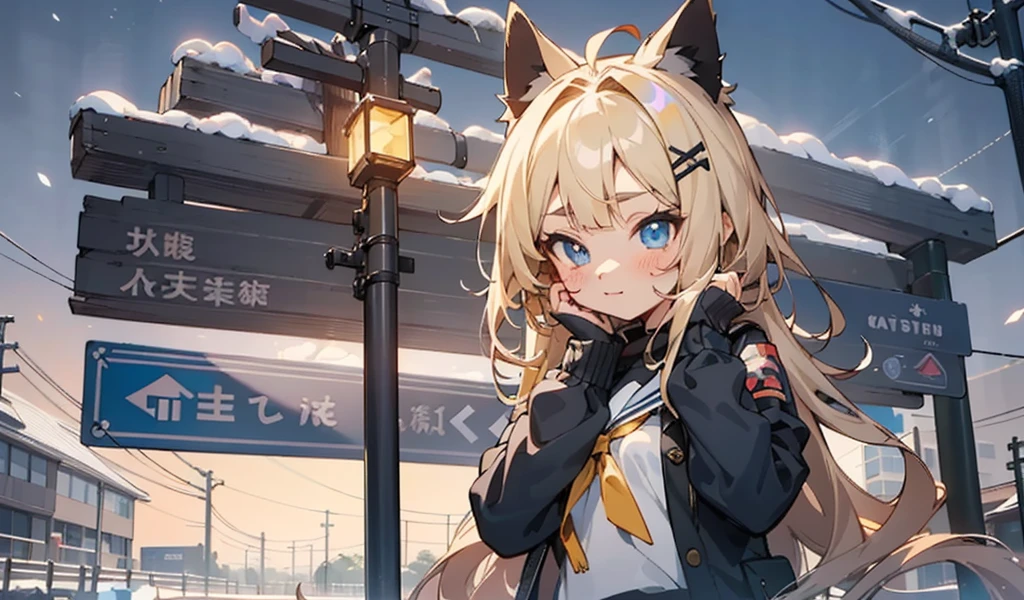 Anime girl with long blond hair and blue eyes standing in front of a street sign, cute anime catgirl, Anime visuals of a cute girl, Anime cute art style, From the maiden front, Cat ears anime girl, Popular topics on artstation pixiv, Cute Anime Girls, beautiful anime catgirl, finely detailled. Girl Front, Girly frontline style, Guys