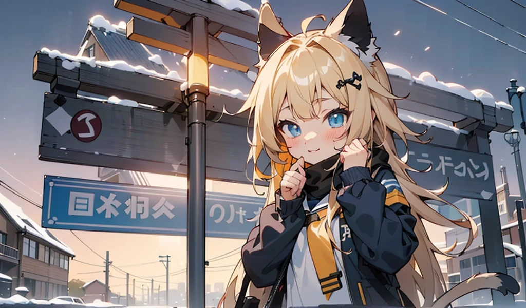 Anime girl with long blond hair and blue eyes standing in front of a street sign, cute anime catgirl, Anime visuals of a cute girl, Anime cute art style, From the maiden front, Cat ears anime girl, Popular topics on artstation pixiv, Cute Anime Girls, beautiful anime catgirl, finely detailled. Girl Front, Girly frontline style, Guys