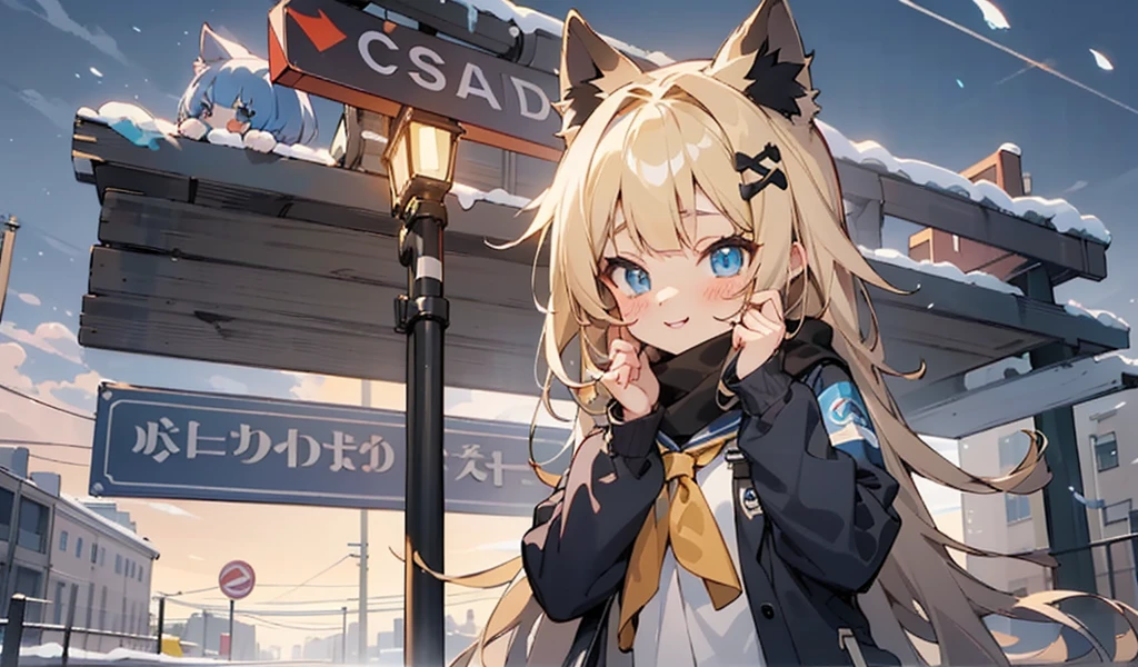Anime girl with long blond hair and blue eyes standing in front of a street sign, cute anime catgirl, Anime visuals of a cute girl, Anime cute art style, From the maiden front, Cat ears anime girl, Popular topics on artstation pixiv, Cute Anime Girls, beautiful anime catgirl, finely detailled. Girl Front, Girly frontline style, Guys