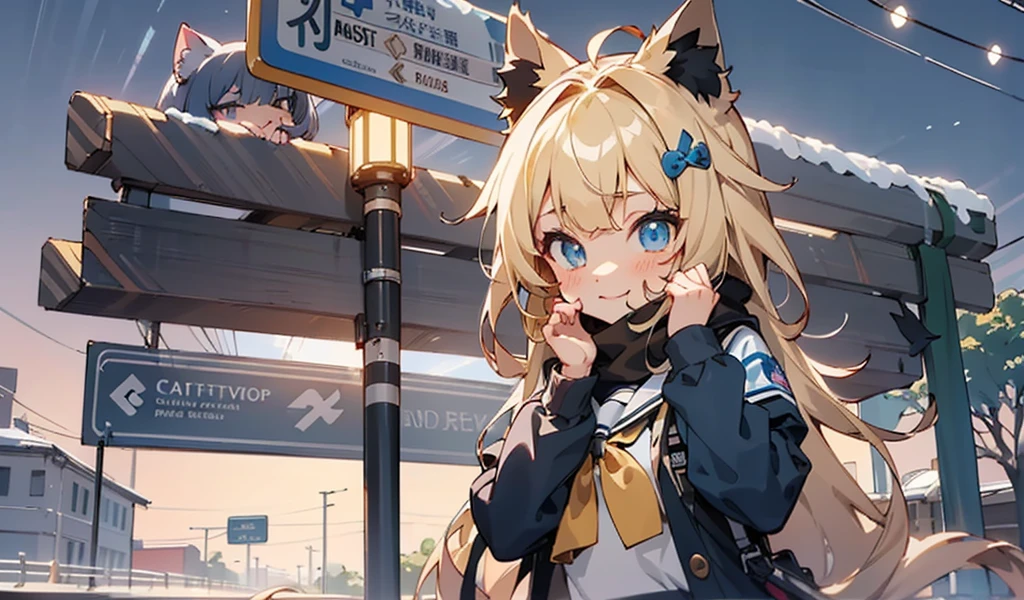 Anime girl with long blond hair and blue eyes standing in front of a street sign, cute anime catgirl, Anime visuals of a cute girl, Anime cute art style, From the maiden front, Cat ears anime girl, Popular topics on artstation pixiv, Cute Anime Girls, beautiful anime catgirl, finely detailled. Girl Front, Girly frontline style, Guys