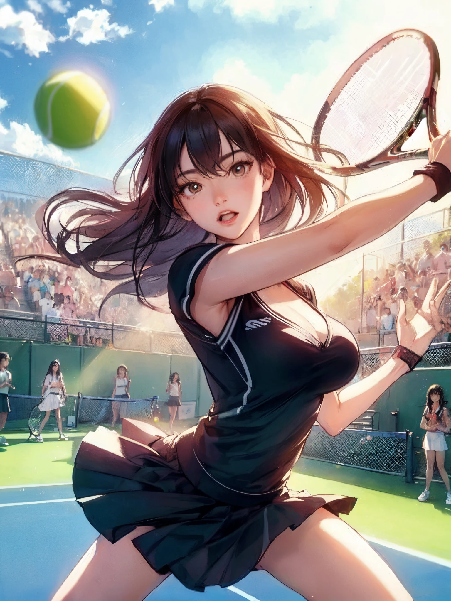 1lady solo, (dynamic posing:1.2), (tennis uniform) (stylish outfit), mature female, /(black hair/) bangs, determined expression, (masterpiece best quality:1.2) delicate illustration ultra-detailed, large breasts BREAK (holding a tennis racket) BREAK (tennis court) outdoors