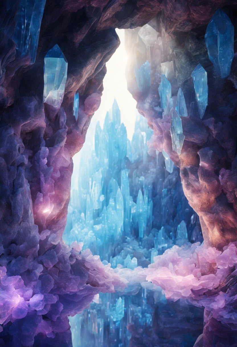 A cave or small cavity in a stone formed by natural crystal，It  filled with many spectacular crystal clusteroreground crystal large and delicate bright crystal or crystal crystal clear、Colored or with special optical effects，The landscape in the crystal cave  very beautiful with iridescent or luminous effectaster&#39;s works of mysterious and dreamy depth of field that make people marvel at the uncanny craftsmanship of nature