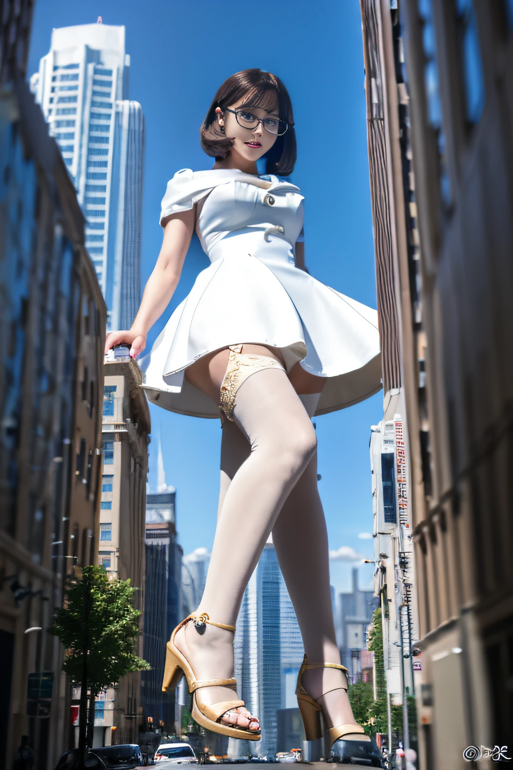 Araffe in a white dress and gold shoes is standing on a ledge - SeaArt AI
