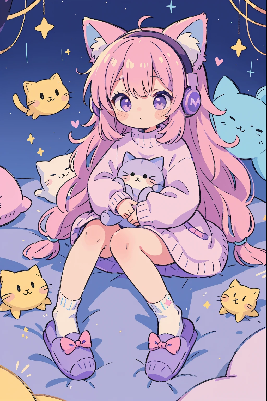 Cat Girl, Solo, Fluffy clothes, Sweaters, sleeves, sox, Slippers, Pastel colors, (Purple, Blue, Pink, yellow), Cozy, Dreamy, Stars, a sticker, Bubbles, Glitter, brilliance, plushies, headphones