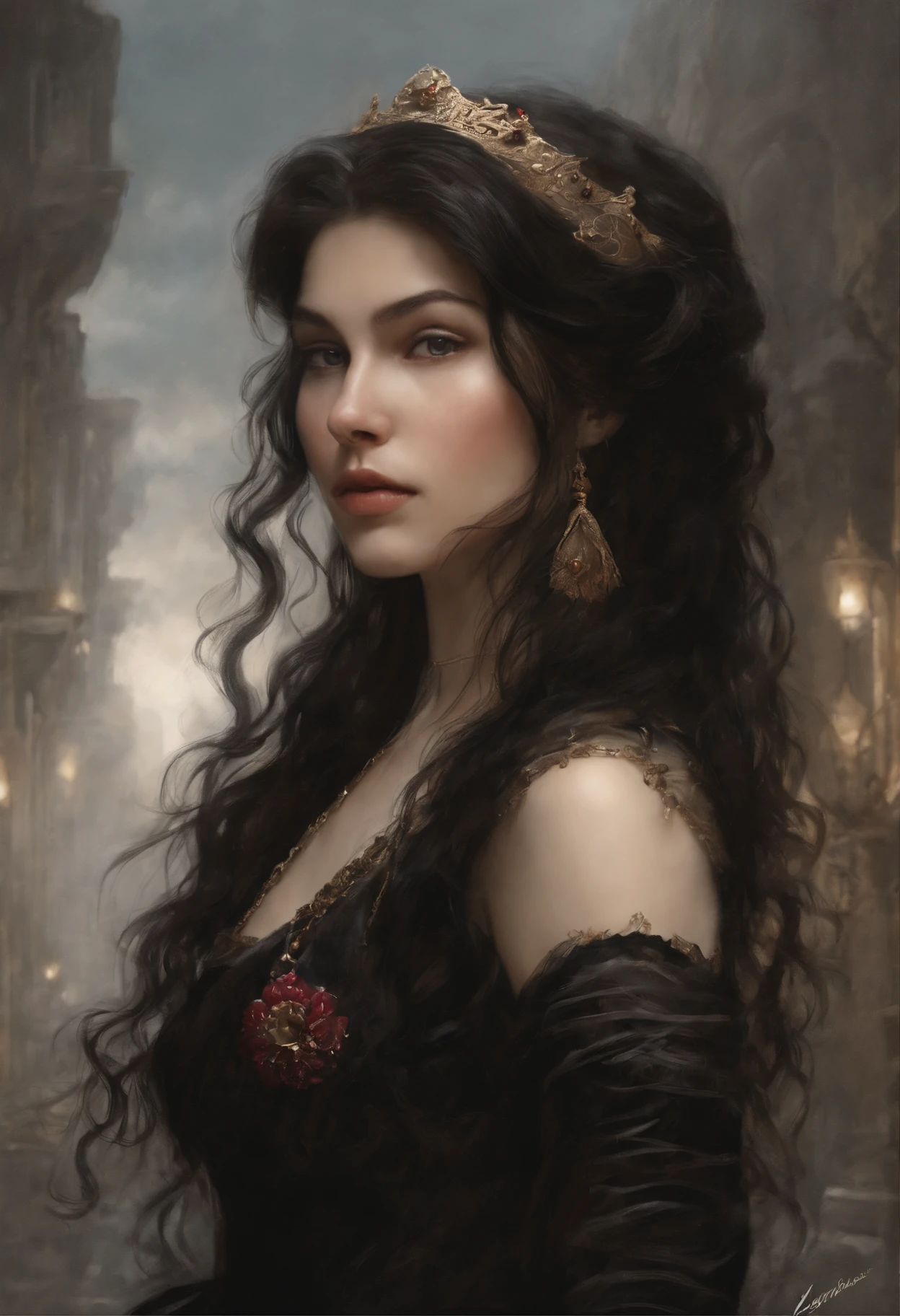 真实感, dark fantasy style, John Tolkien style, Small painting by Jean-Baptiste Monge, Soft facial features,Rocker Girl, Human Hand, Very clear, Without flaws, five fingers, with bright makeup, a little full, Fatty, slight excess weight, Average height, dark pink lips,  lip shape"bow" ,"Cool eyebrows in the shape of Angryburts, light gray eyes, almond-shaped eyes, looking at away, black long wavy hair, large strands of hair fluttering in the wind ,In a short red silk fitted dress with a cutout.., Standing next to a motorcycle, early morning, The city, megalopolis, Jean-Baptiste Monge, anthropomorphic --ar 2:3 --testp -optimistic;