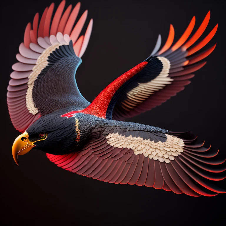 intricate and colorful, (digital painting:1.2) giant eagle, scarlet and gold plumage, head on, flying with talons extended, concept art, octane render, trending on artstation, neon-noir background, iolibt, vfx, Blender and Photoshop, octane render, excellent composition, cinematic atmosphere, dynamic dramatic cinematic lighting, aesthetic, very inspirational, arthouse,(dark plain black background:1.4))