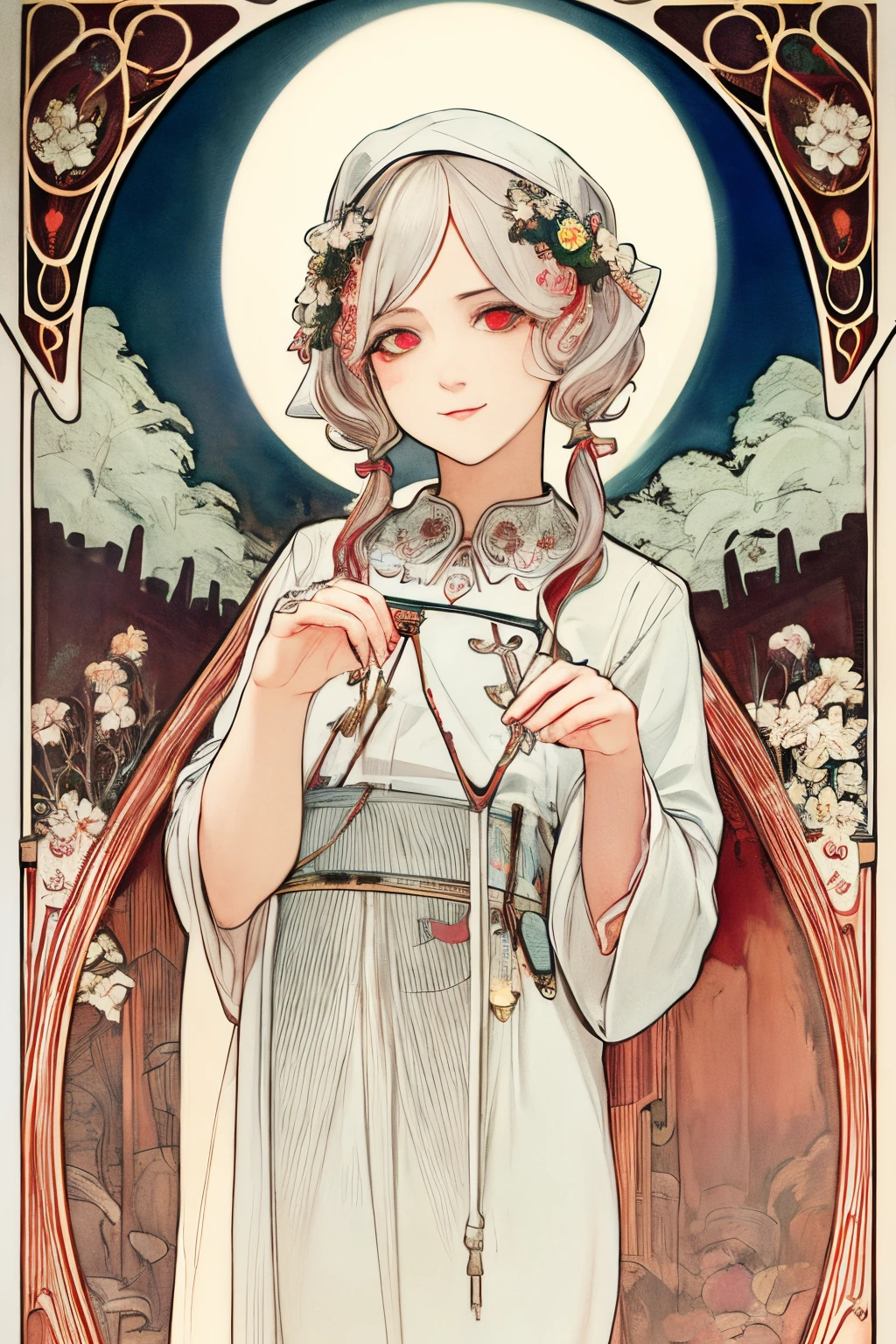 SFW,masutepiece, Best Quality, High resolution, 1girl, upper body, Details , detail hands, Detail fingers, Detail Face, detail legs, watercolor paiting, in graveyard, white hair, pigtails, wavy hair, white clothes, red eyes, skull, bone, (art nouveau:1.25), Maximalism artstyle, neon theme, suprematism, beautiful detailed eyes, hyper detailed, beautifuly color, high details, high quality, back light, upper body, high quality, hair with body, white lilys, evil grin, human hands, priest, poisoned chalicem, Grinning