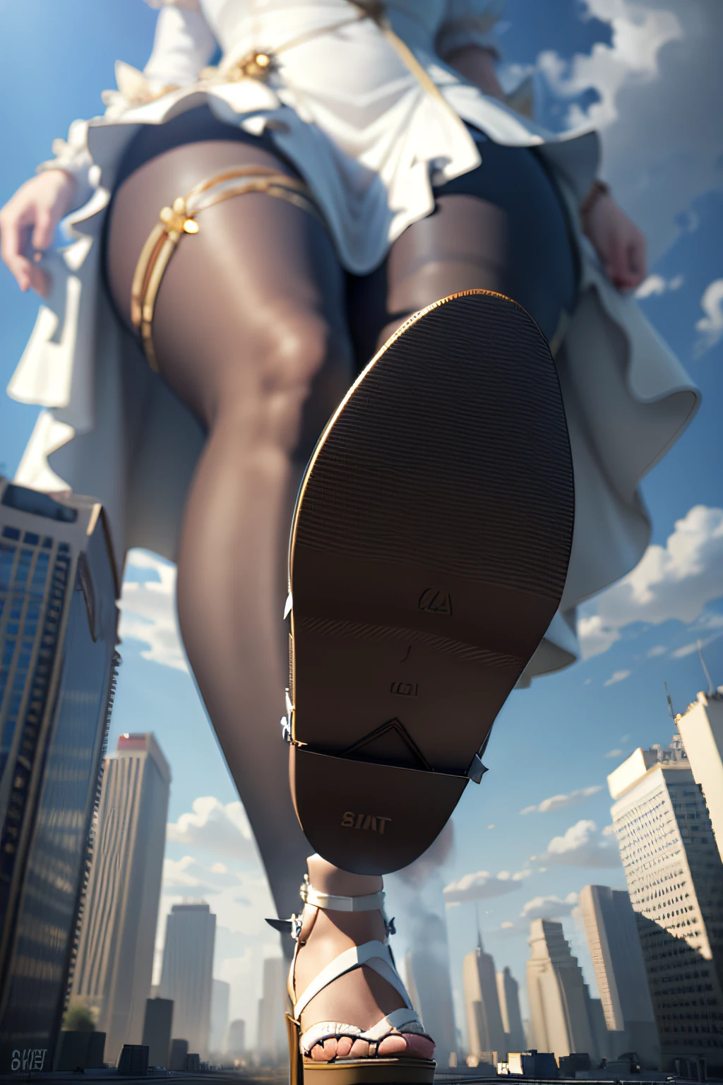 giantess art, highly detailed giantess shot, der riese, super giant princess, Shorthair, Giant woman bigger than a skyscraper, Wearing rimless glasses, Colossal tits, Big ass, white luxury white dress, White pantyhose, shoes: high heel white sandals, very small metropolis, miniature metropolis, Full body depiction。nffsw, der riese, Black pantyhose, Small town,micro city,