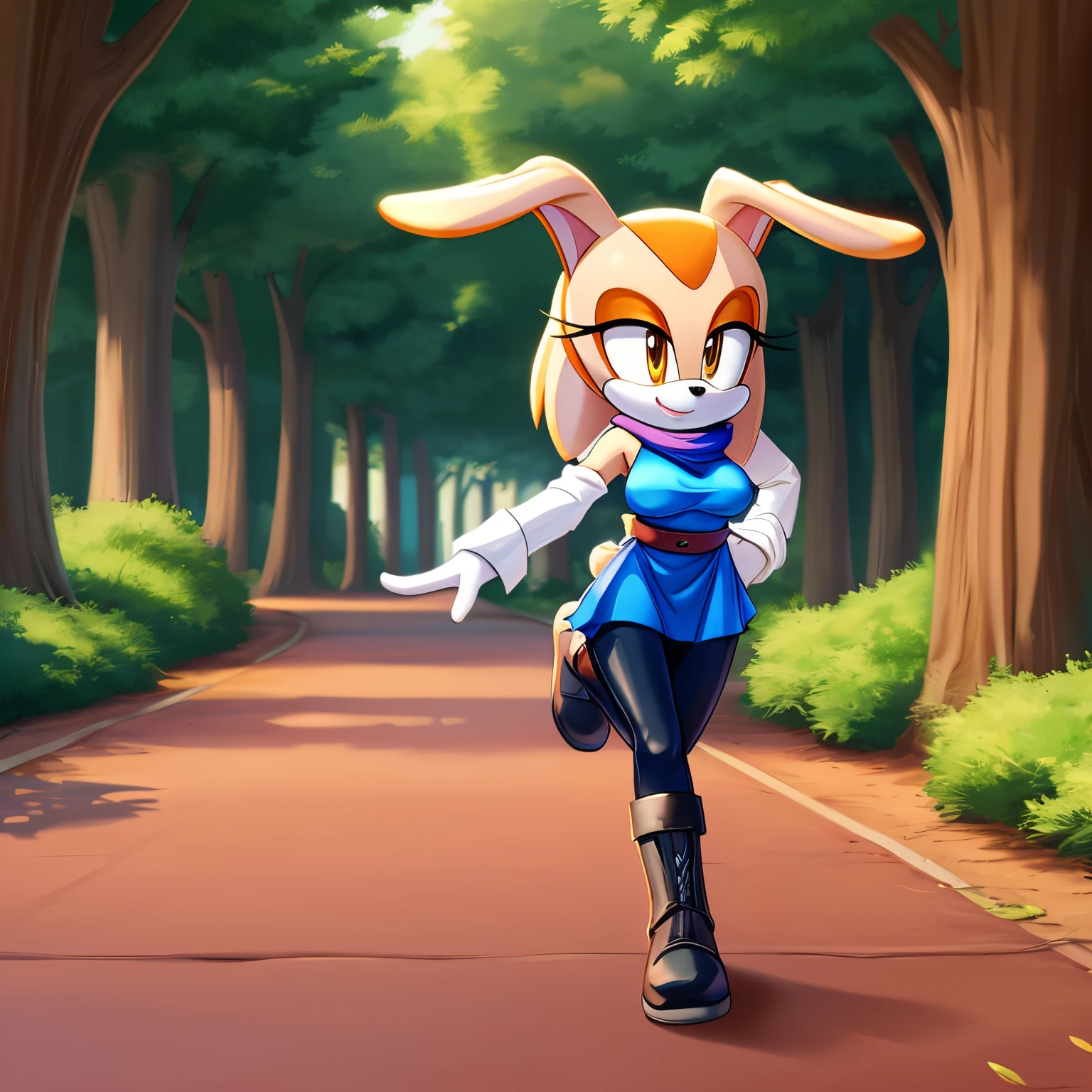 Female, Mobian, Rabbit, Cream the Rabbit, sonic the hedgehog \(series\), rabbit girl, ((solo)), ((1girl)), hair bangs, young adult, average sized breasts, hair on top of shoulders, long hair, blue anime styled scarf, orange athletic dress, blue sash belt, short black tights, knee length leggings, boots, white gloves, black arm warmers, Anime Style, Running, park background, daytime, nice lighting through trees
