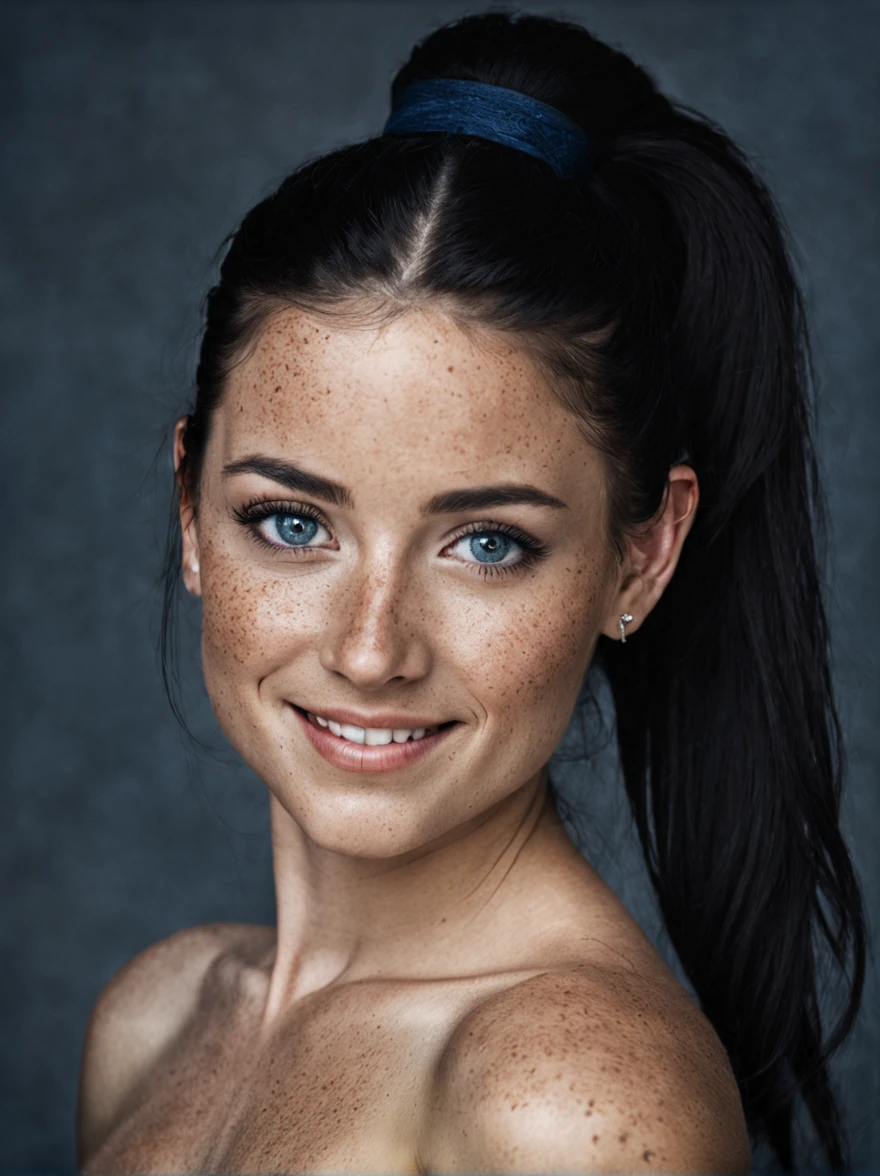 beautiful lady, ((little freckles:0.1), (breast size 3:1)medium smile, dark blue detailed eyes, black ponytail hair, dark makeup, hyperdetailed photography, soft light, head and shoulders portrait, looking straight to viewer,