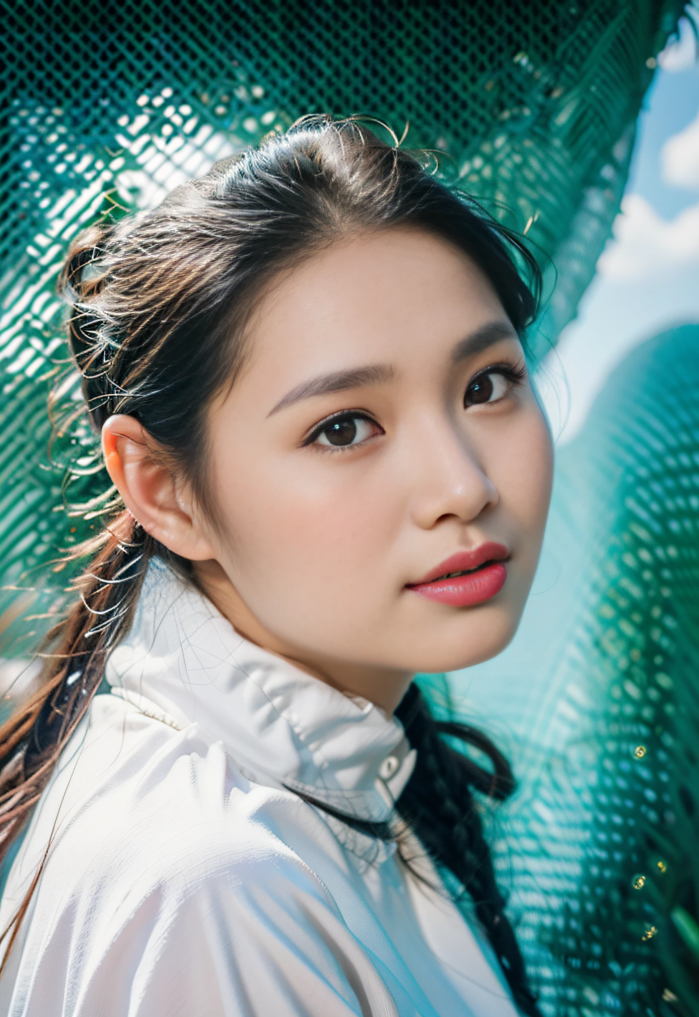 ((masterpiece), (best quality), (raw photo), (photorealistic:1.4), Highly realistic photo, Portrait of a women 30 year old Vietnamese, ((white shirt)), ((black hair)), The light from above shines down, dark blue background, photo taken in 1975 by Fujifilm XT3
