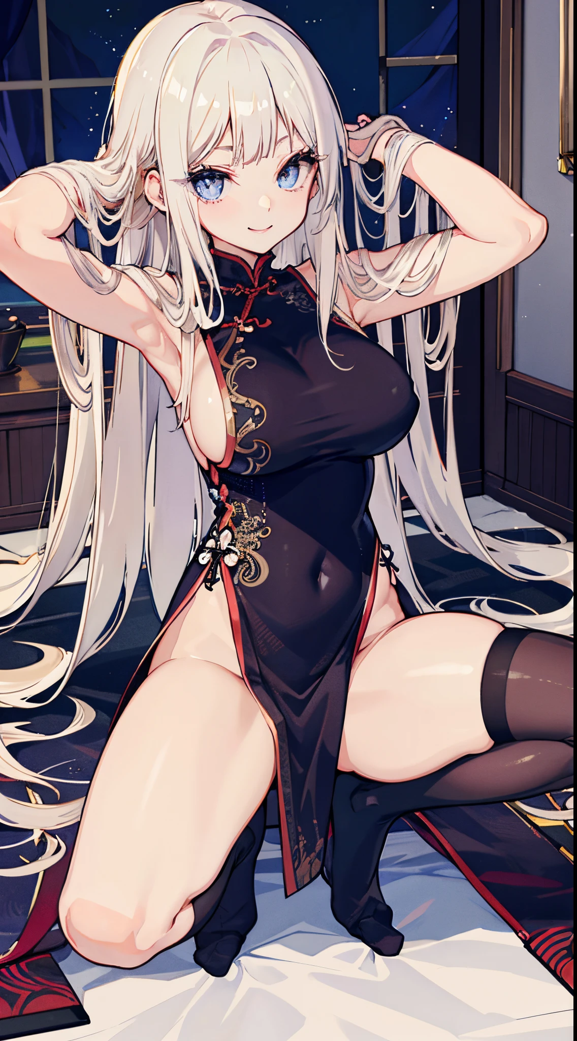 top-quality、realistic touch,high-detail、photoRealstic、long body、thin-waist、captive beauty、big eye、Strong platinum blonde eyelashes、platinum-blond、full body Esbian、Sparkling eyes、Submissive smile、Flushed cheeks、Kamimei、thin-waist、Voluptuous thighs、Enraptured look、Raked bangs、The forehead is protruding、Tight chinese dress、sleeveless、Inside a room、She isn't not wearing panties、wide slit in clothing、Put your hands behind your head and squat down with your legs wide apart、huge tit、thigh-high socks