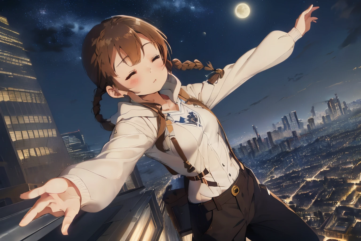 ((Brown hair)),((Braided shorthair)),((Brown eyes)),((Pigtails)),((With bangs)),((Night when the moon shines),((Skyscrapers illuminated by moonlight)),(Stand on the roof of a building),((Hair and clothes swaying in the wind)),((White down coat)),(Yellow and navy hooded long sleeve clothing),(black cargo trousers),((throw one'i'back in the air)),(laying on back),(Perspective from above),((Straight perspective)),(((Both eyes are tightly closed))),((deadpan)),((i'i'I'm stretching my arms towards the sky)),(close up of face)