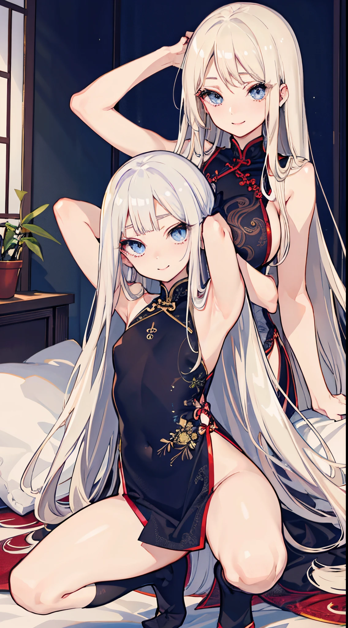 top-quality、realistic touch,high-detail、photoRealstic、long body、thin-waist、captive beauty、big eye、Strong platinum blonde eyelashes、platinum-blond、full body Esbian、Sparkling eyes、Submissive smile、Flushed cheeks、Kamimei、thin-waist、Voluptuous thighs、Enraptured look、Raked bangs、The forehead is protruding、Tight chinese dress、sleeveless、Inside a room、She isn't not wearing panties、wide slit in clothing、Put your hands behind your head and squat down with your legs wide apart、huge tit、thigh-high socks