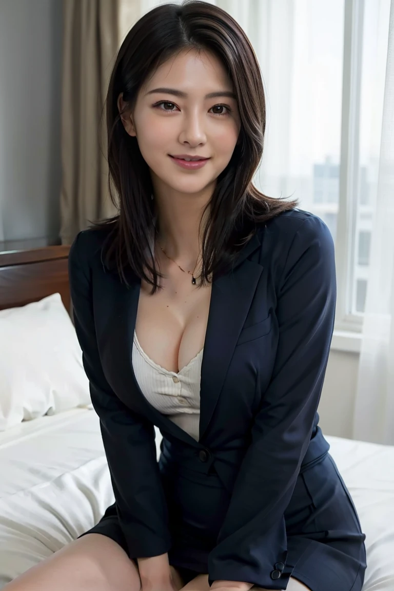 8K, top-quality, ​masterpiece, realisitic, Photorealsitic, ultra-detailliert, A dark-haired, Straight hair, Soft thighs, large full breasts, cleavage of the breast, Navy blue suit, white  shirt, a short skirt, hotels room, You can see the night view from the window, a smile, extremely detailed eye, extremely detailed face and skin, Arms Down, Breasts squeezed together