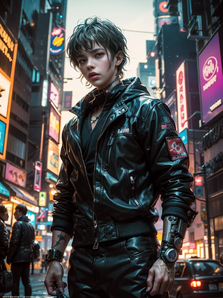 ((Stunning Anime illustration)), ((beautiful cybernetic Cyberpunk girl)), ((highly detailed face)), ((mechanical limb, mechanical vertebrae)), ((mechanical cervical attaching to neck)), (wires and cables attaching to neck:1.2), ((mass of wires and cables on head)), ((wearing colorful Harajuku tech jacket with logo)), ((dynamic pose)), (cowboy shot), (masterpiece), (((best quality))), ((ultra-detailed)), (highly detailed illustration), cinematic lighting, science fiction, extremely detailed,colorful,highest detail, (((cyberpunk city background, (Blade Runner), Harajuku district))), NSFW