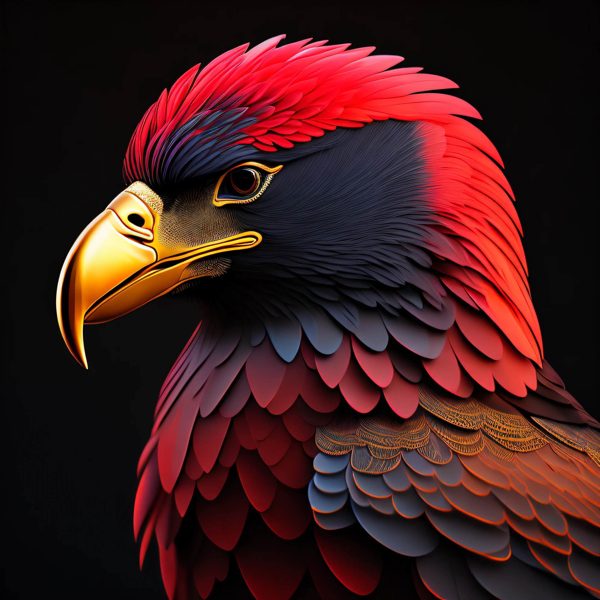 intricate and colorful, (digital painting:1.2) giant eagle, scarlet and gold plumage, head on, flying with talons extended, concept art, octane render, trending on artstation, neon-noir background, iolibt, vfx, Blender and Photoshop, octane render, excellent composition, cinematic atmosphere, dynamic dramatic cinematic lighting, aesthetic, very inspirational, arthouse,(dark plain black background:1.4))