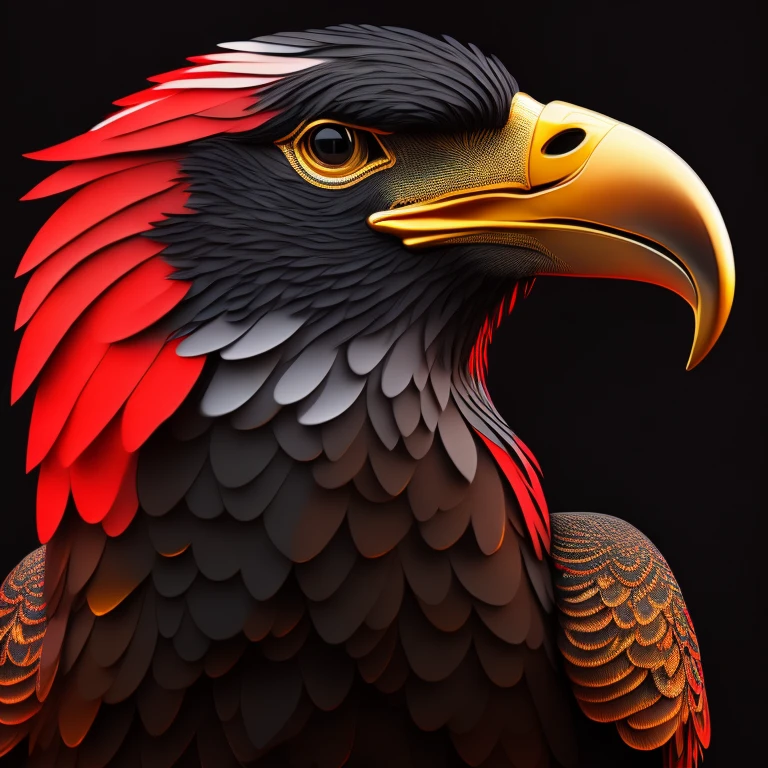 intricate and colorful, (digital painting:1.2) giant eagle, scarlet and gold plumage, head on, flying with talons extended, concept art, octane render, trending on artstation, neon-noir background, iolibt, vfx, Blender and Photoshop, octane render, excellent composition, cinematic atmosphere, dynamic dramatic cinematic lighting, aesthetic, very inspirational, arthouse,(dark plain black background:1.4))