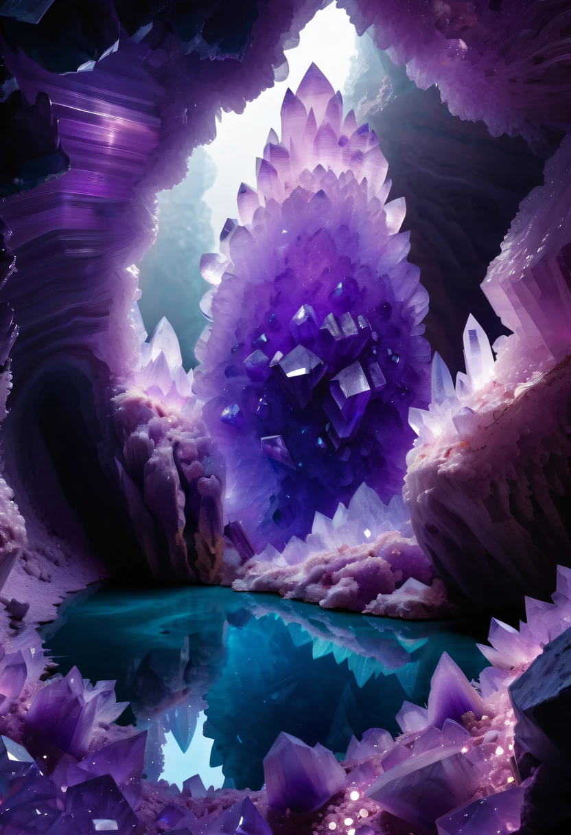 Miners working in an amethyst geode，Huge amethyst geode, amazing amethyst geode, geode, Druze Geode, Amethyst, wonderful mineral art，Stunningly detailed,  8K,Fantasy cave walls made of mineral crystals，covered with precious crystals, crystal cluster， s fractal art，subsurface, exploration, Glowing crystal, fluorite crystal,associated mineral crystals , Enigmatic Atmosphere, Sparkling crystals, Natural Crystal, sparkling reflections, underground lake, Hidden treasure, mineral structure