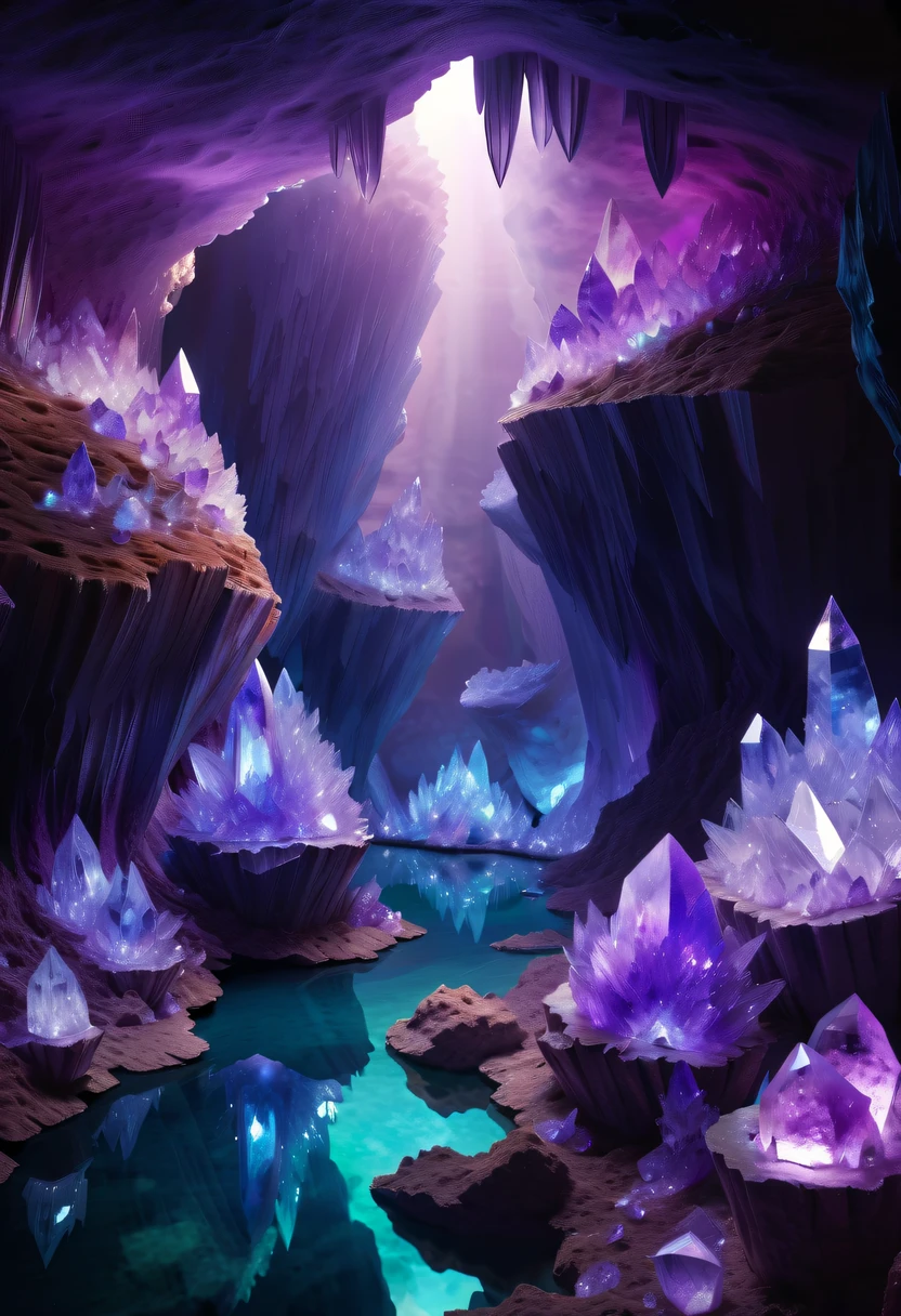 Miners working in an amethyst geode，Huge amethyst geode, amazing amethyst geode, geode, Druze Geode, Amethyst, wonderful mineral art，Stunningly detailed,  8K,Fantasy cave walls made of mineral crystals，covered with precious crystals, crystal cluster， s fractal art，subsurface, exploration, Glowing crystal, fluorite crystal,associated mineral crystals , Enigmatic Atmosphere, Sparkling crystals, Natural Crystal, sparkling reflections, underground lake, Hidden treasure, mineral structure