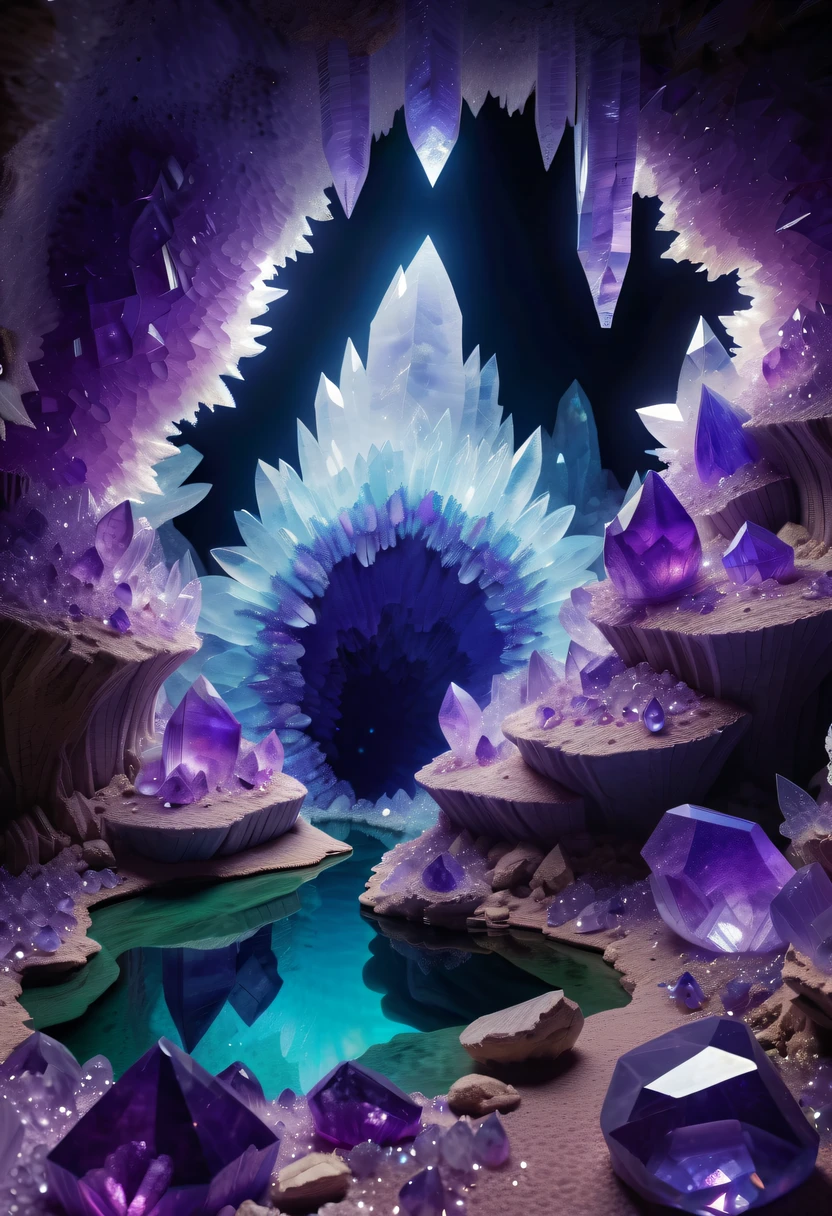 Miners working in an amethyst geode,Huge amethyst geode, amazing amethyst geode, geode, Druze Geode, Amethyst, wonderful mineral art,Stunningly detailed, 8K,Fantasy cave walls made of mineral crystals,covered with precious crystals, crystal cluster, s fractal art,subsurface, exploration, Glowing crystal, fluorite crystal,associated mineral crystals , Enigmatic Atmosphere, Sparkling crystals, Natural Crystal, sparkling reflections, underground lake, Hidden treasure, mineral structure