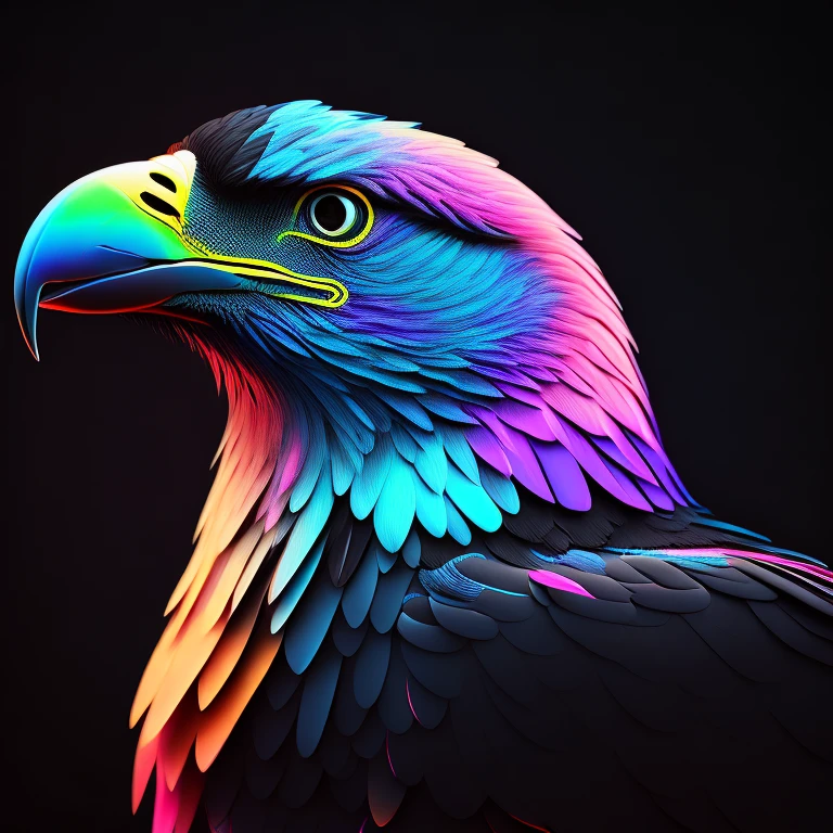intricate and colorful, (digital painting:1.2) giant eagle, bright neon plumage, head on, flying with talons extended, concept art, octane render, trending on artstation, neon-noir background, iolibt, vfx, Blender and Photoshop, octane render, excellent composition, cinematic atmosphere, dynamic dramatic cinematic lighting, aesthetic, very inspirational, arthouse,(dark plain black background:1.4))