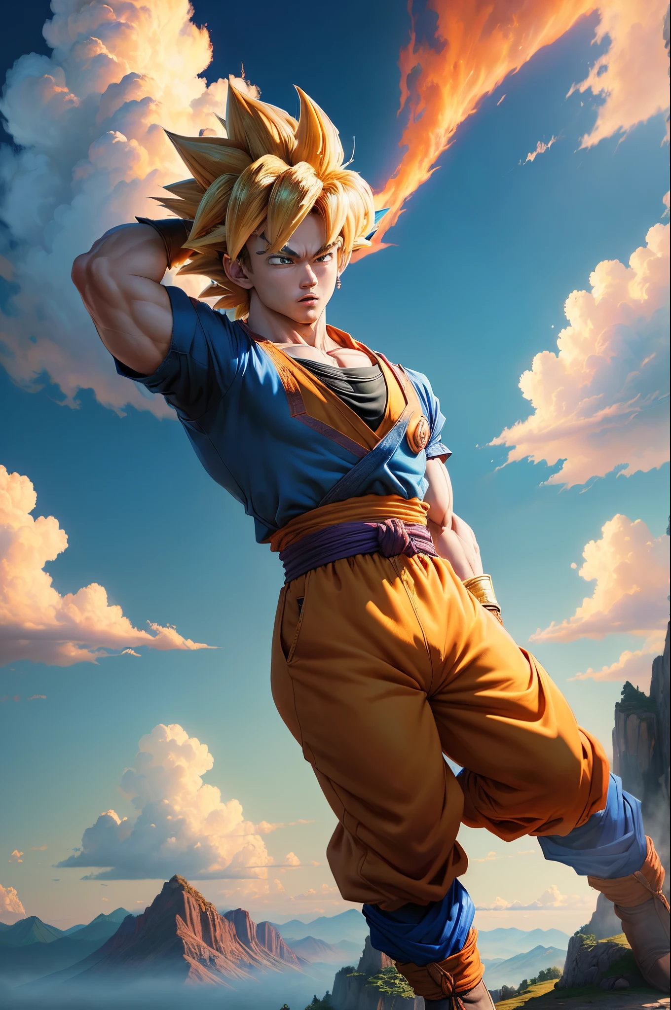 ((best quality)), ((masterpiece)), (detailed), Goku, Son Goku, Dragon Ball Super (detailed cloud landscape:1.3), (high resolution:1.2)