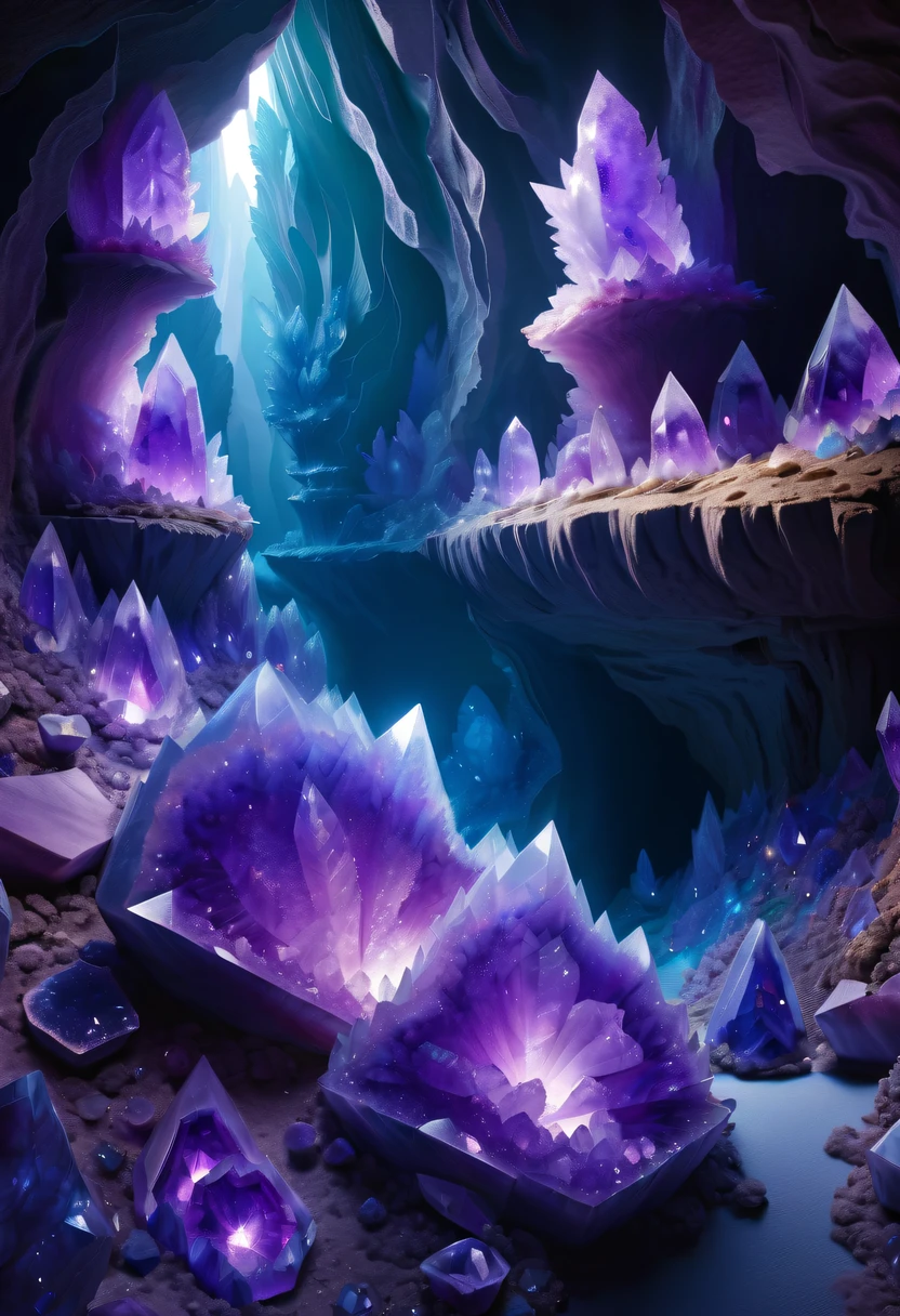 Miners working in an amethyst geode,Huge amethyst geode, amazing amethyst geode, geode, Druze Geode, Amethyst, wonderful mineral art,Stunningly detailed, 8K,Fantasy cave walls made of mineral crystals,covered with precious crystals, crystal cluster, s fractal art,subsurface, exploration, Glowing crystal, fluorite crystal,associated mineral crystals , Enigmatic Atmosphere, Sparkling crystals, Natural Crystal, sparkling reflections, underground lake, Hidden treasure, mineral structure