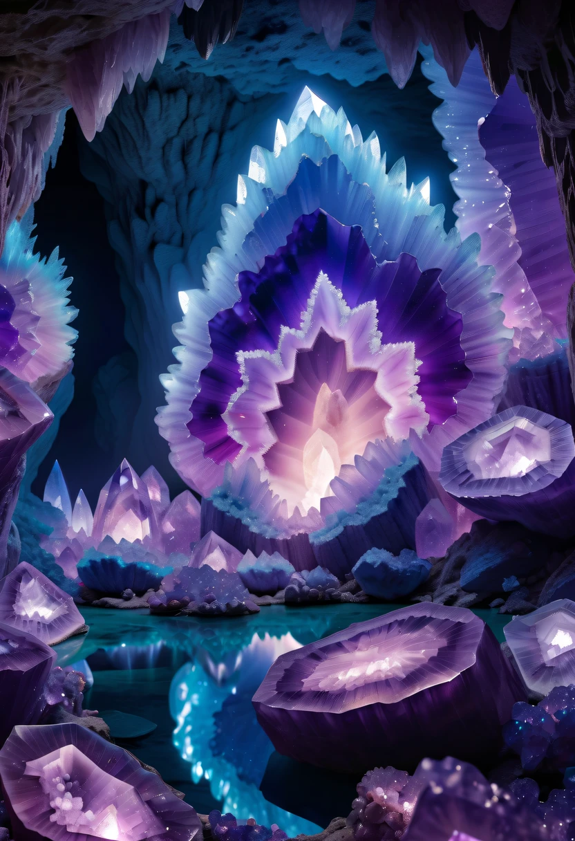 Miners working in an amethyst geode,Huge amethyst geode, amazing amethyst geode, geode, Druze Geode, Amethyst, wonderful mineral art,Stunningly detailed, 8K,Fantasy cave walls made of mineral crystals,covered with precious crystals, crystal cluster, s fractal art,subsurface, exploration, Glowing crystal, fluorite crystal,associated mineral crystals , Enigmatic Atmosphere, Sparkling crystals, Natural Crystal, sparkling reflections, underground lake, Hidden treasure, mineral structure