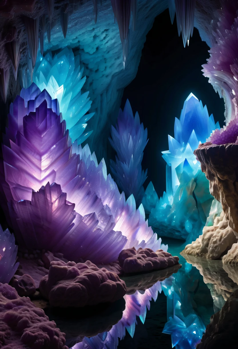 Miners working in an amethyst geode,Huge amethyst geode, amazing amethyst geode, geode, Druze Geode, Amethyst, wonderful mineral art,Stunningly detailed, 8K,Fantasy cave walls made of mineral crystals,covered with precious crystals, crystal cluster, s fractal art,subsurface, exploration, Glowing crystal, fluorite crystal,associated mineral crystals , Enigmatic Atmosphere, Sparkling crystals, Natural Crystal, sparkling reflections, underground lake, Hidden treasure, mineral structure