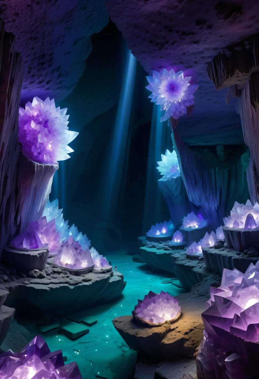 Miners working in an amethyst geode,Huge amethyst geode, amazing amethyst geode, geode, Druze Geode, Amethyst, wonderful mineral art,Stunningly detailed, 8K,Fantasy cave walls made of mineral crystals,covered with precious crystals, crystal cluster, s fractal art,subsurface, exploration, Glowing crystal, fluorite crystal,associated mineral crystals , Enigmatic Atmosphere, Sparkling crystals, Natural Crystal, sparkling reflections, underground lake, Hidden treasure, mineral structure