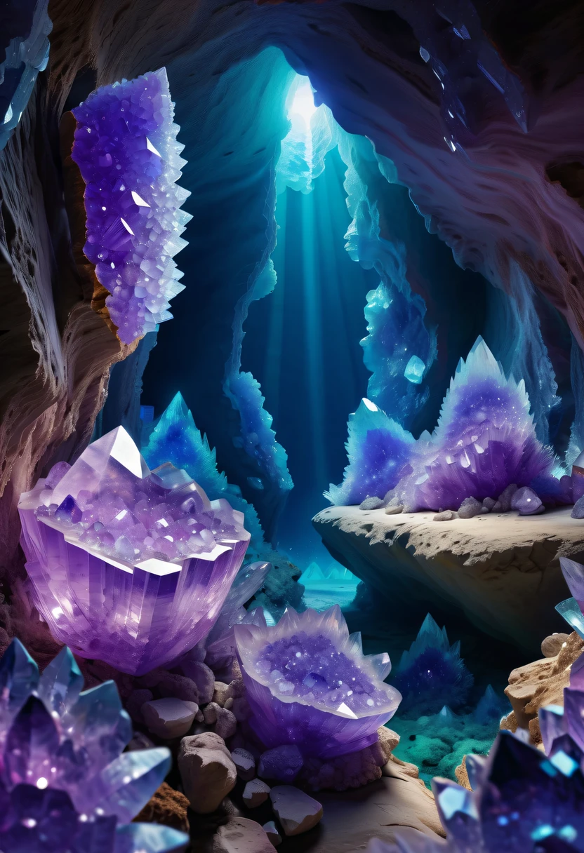 Miners working in an amethyst geode,Huge amethyst geode, amazing amethyst geode, geode, Druze Geode, Amethyst, wonderful mineral art,Stunningly detailed, 8K,Fantasy cave walls made of mineral crystals,covered with precious crystals, crystal cluster, s fractal art,subsurface, exploration, Glowing crystal, fluorite crystal,associated mineral crystals , Enigmatic Atmosphere, Sparkling crystals, Natural Crystal, sparkling reflections, underground lake, Hidden treasure, mineral structure