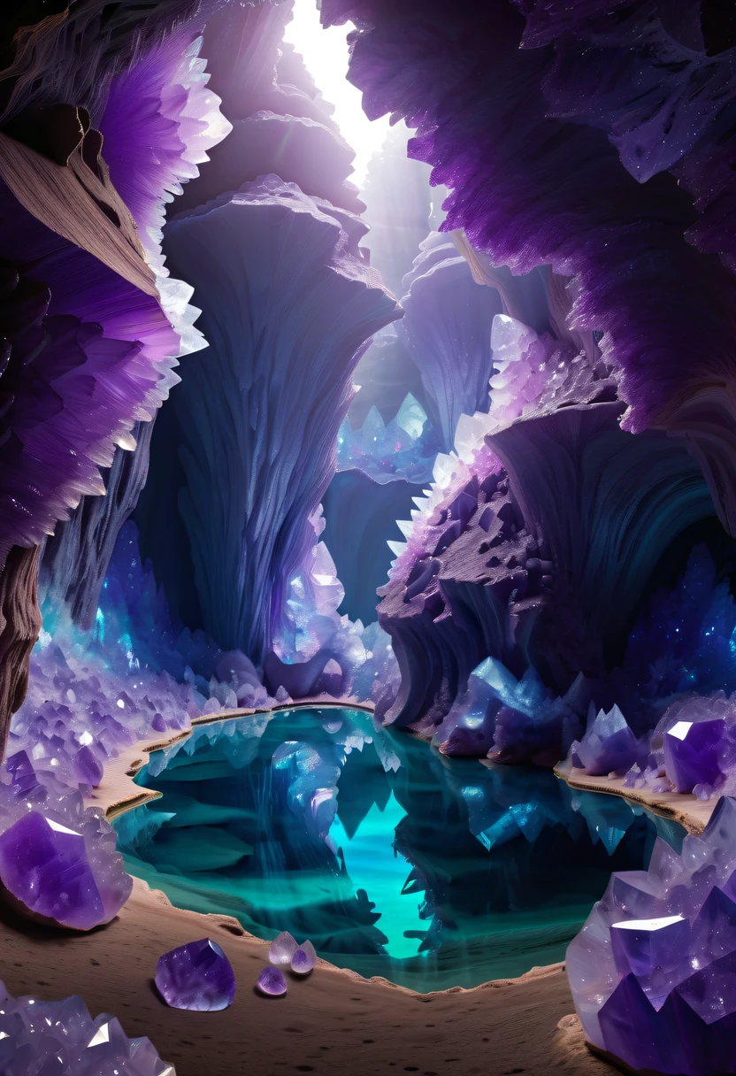 Miners working in an amethyst geode，Huge amethyst geode, amazing amethyst geode, geode, Druze Geode, Amethyst, wonderful mineral art，Stunningly detailed,  8K,Fantasy cave walls made of mineral crystals，covered with precious crystals, crystal cluster， s fractal art，subsurface, exploration, Glowing crystal, fluorite crystal,associated mineral crystals , Enigmatic Atmosphere, Sparkling crystals, Natural Crystal, sparkling reflections, underground lake, Hidden treasure, mineral structure