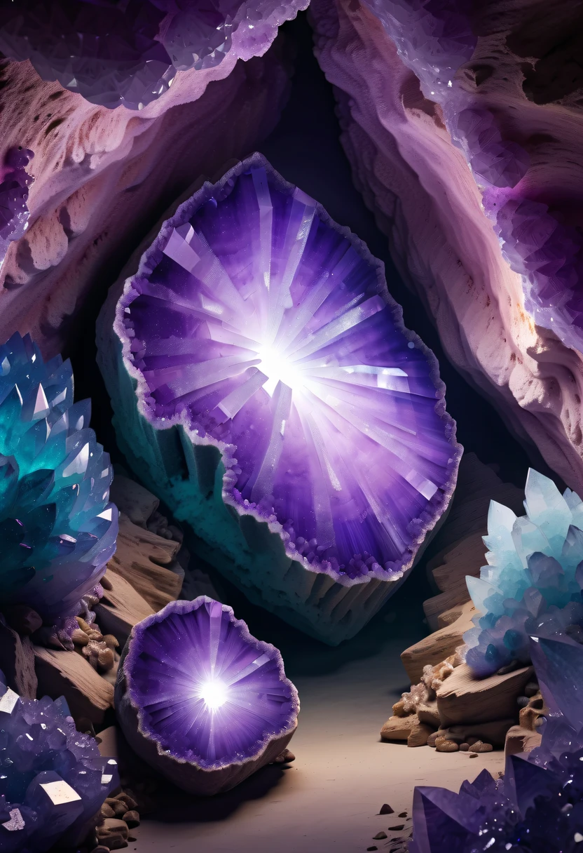 Huge amethyst geode, amazing amethyst geode, geode, Druze Geode, Amethyst, wonderful mineral art，Stunningly detailed,  8K,Fantasy cave walls made of mineral crystals，covered with precious crystals, crystal cluster， s fractal art，subsurface, exploration, Glowing crystal, fluorite crystal,associated mineral crystals , Enigmatic Atmosphere, Sparkling crystals, Natural Crystal, sparkling reflections, underground lake, Hidden treasure, mineral structure