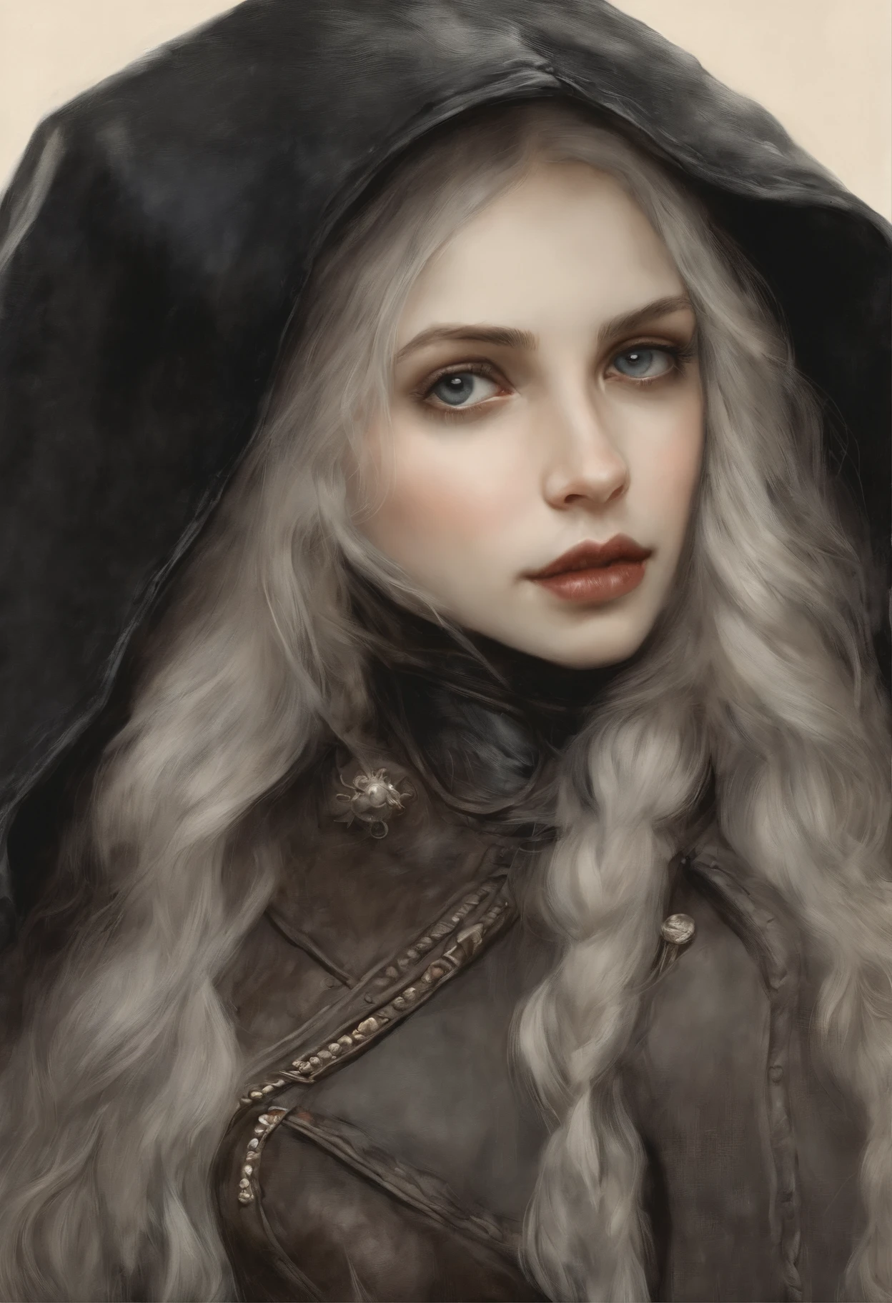 真实感, dark fantasy style, John Tolkien style, Small painting by Jean-Baptiste Monge, Soft facial features,Rocker Girl, Human Hand, Very clear, Without flaws, five fingers, with bright makeup, a little full, fat, slight excess weight, Average height, dark pink lips, lip shape"bow" ,"Cool eyebrows in the shape of Angryburts, light gray eyes, almond-shaped large eyes, looking at away, black long wavy hair, large strands of hair fluttering in the wind ,wearing jeans, in a leather jacket, wearing boots..., Standing next to a motorcycle, early morning, The city, megalopolis, Jean-Baptiste Monge, anthropomorphic --ar 2:3 --testp -optimistic;