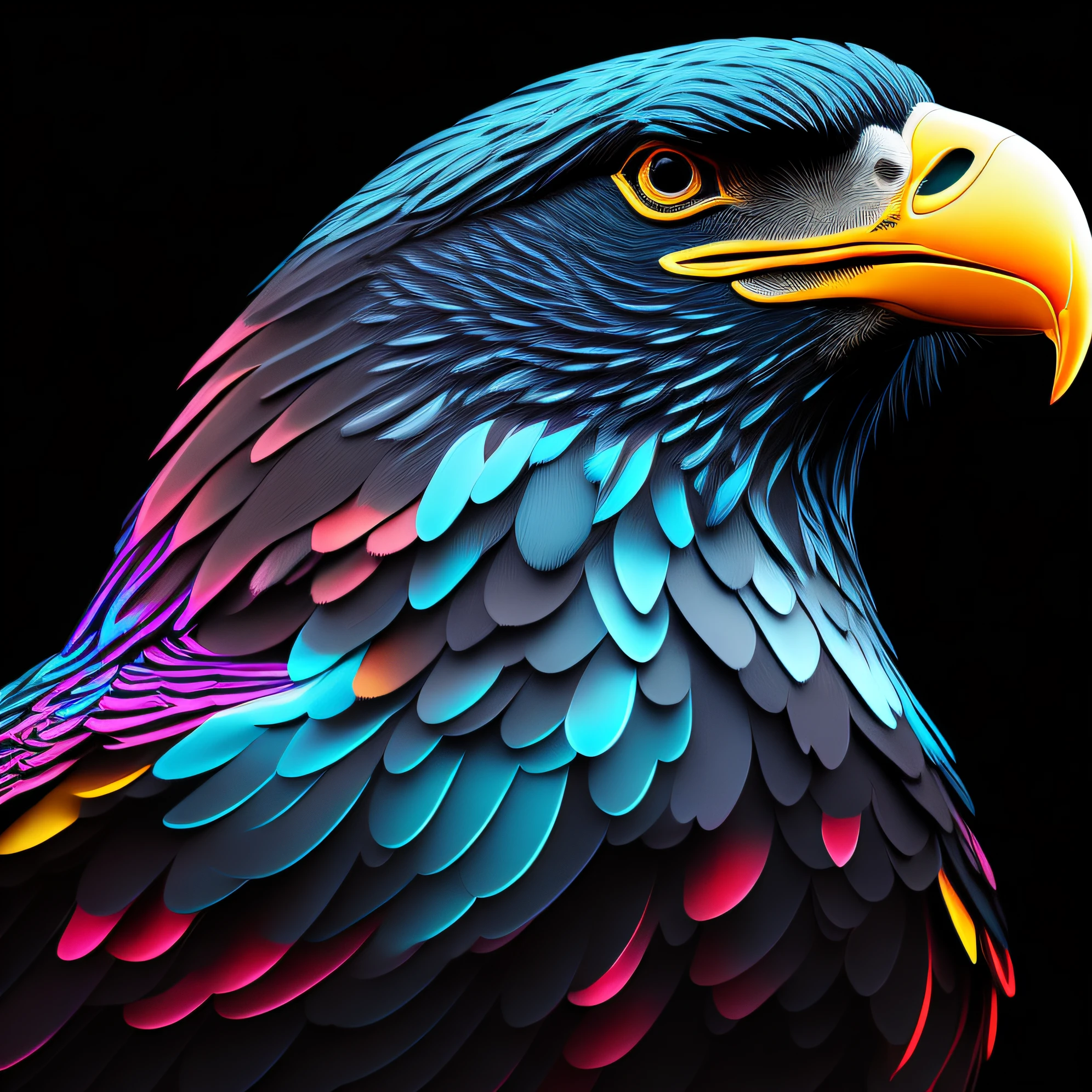 intricate and colorful, (digital painting:1.2) giant eagle, bright neon plumage, head on, flying with talons extended, concept art, octane render, trending on artstation, neon-noir background, iolibt, vfx, Blender and Photoshop, octane render, excellent composition, cinematic atmosphere, dynamic dramatic cinematic lighting, aesthetic, very inspirational, arthouse,(dark plain black background:1.4))