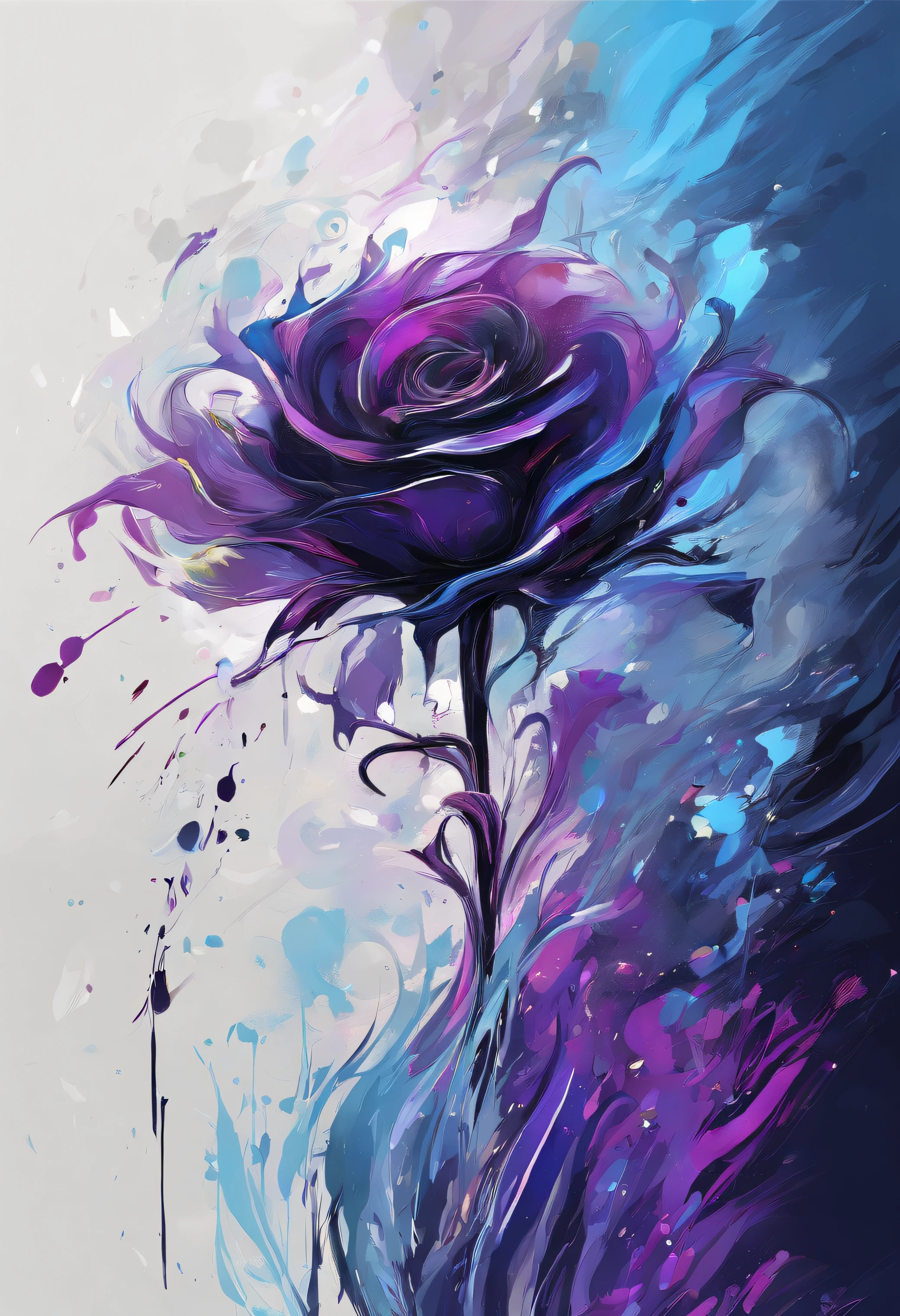 Draw an abstract painting of a single flower.,deep black rose flower、use acrylic paint、Abstract artist known for his unique use of acrylic pouring, real brush strokes,aesthetic composition,Minimal style, heavy controlled strokes、Overwhelming shape、deep mysterious beauty, deep black rose flower、It strongly symbolizes the despair and sadness of the work....、The overall tone of the work is deep and dark..、dark blue-purple、Add moist compacted sand、Enhances the texture and tactile elements of your artwork, While staring at this image, oot、Interaction of color and texture、feel hopeless、Swallowed into a whirlpool of despair、isolated in despair