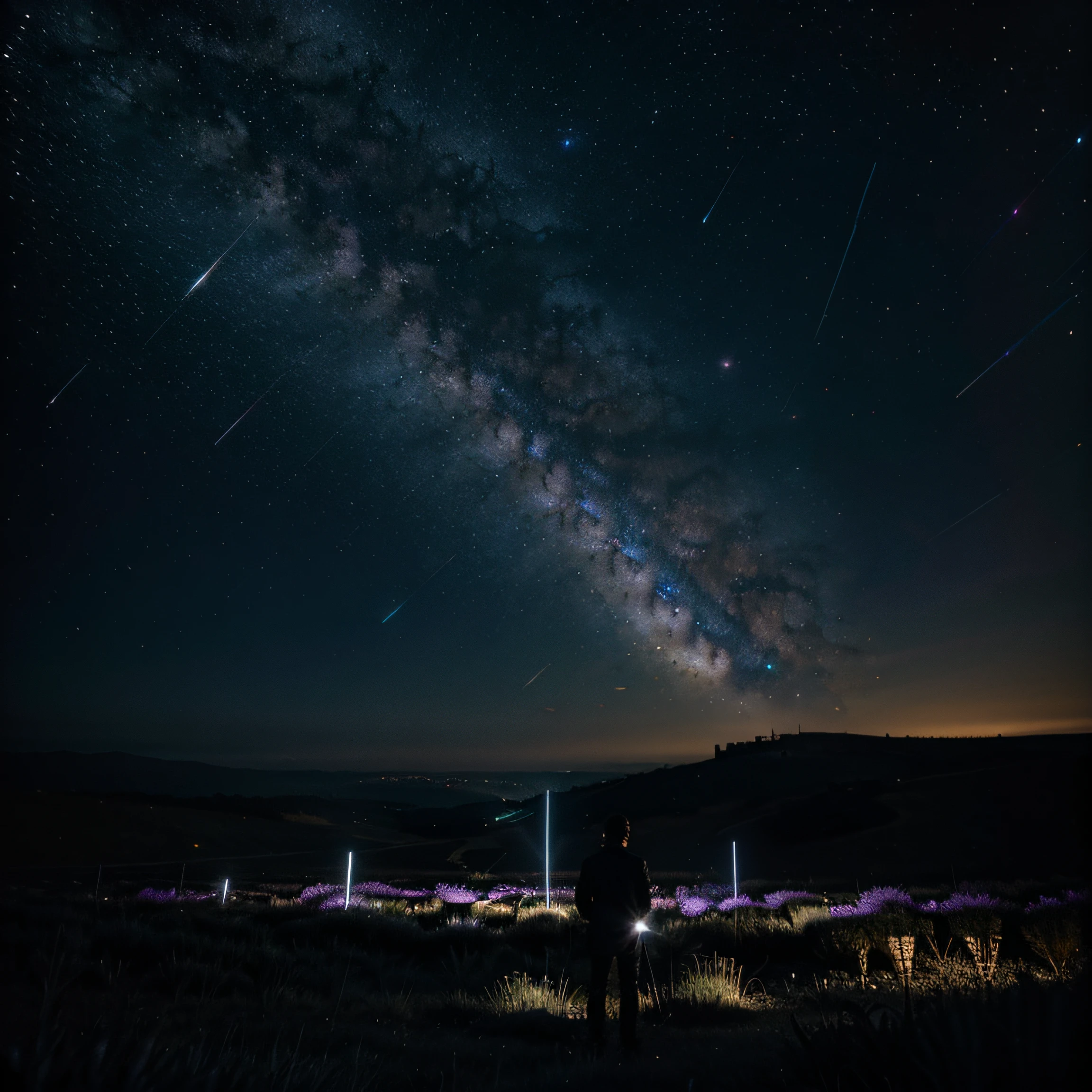 Démon dans un champs avec un ciel étoilé et galaxies visibles