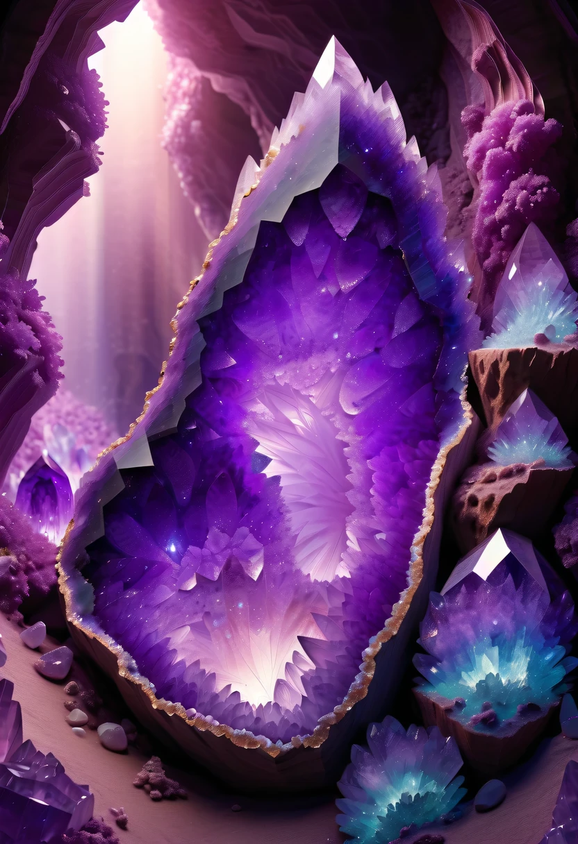 Huge amethyst geode, amazing amethyst geode, geode, Druze Geode, Amethyst, wonderful mineral art，Stunningly detailed,  8K,Fantasy cave walls made of mineral crystals，covered with precious crystals, crystal cluster， s fractal art，subsurface, exploration, Glowing crystal, fluorite crystal,associated mineral crystals , Enigmatic Atmosphere, Sparkling crystals, Natural Crystal, sparkling reflections, underground lake, Hidden treasure, mineral structure