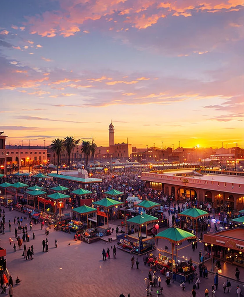 animation  , sunset, detailed, marrakech , Jemaa El Fna, people walking , high quality image