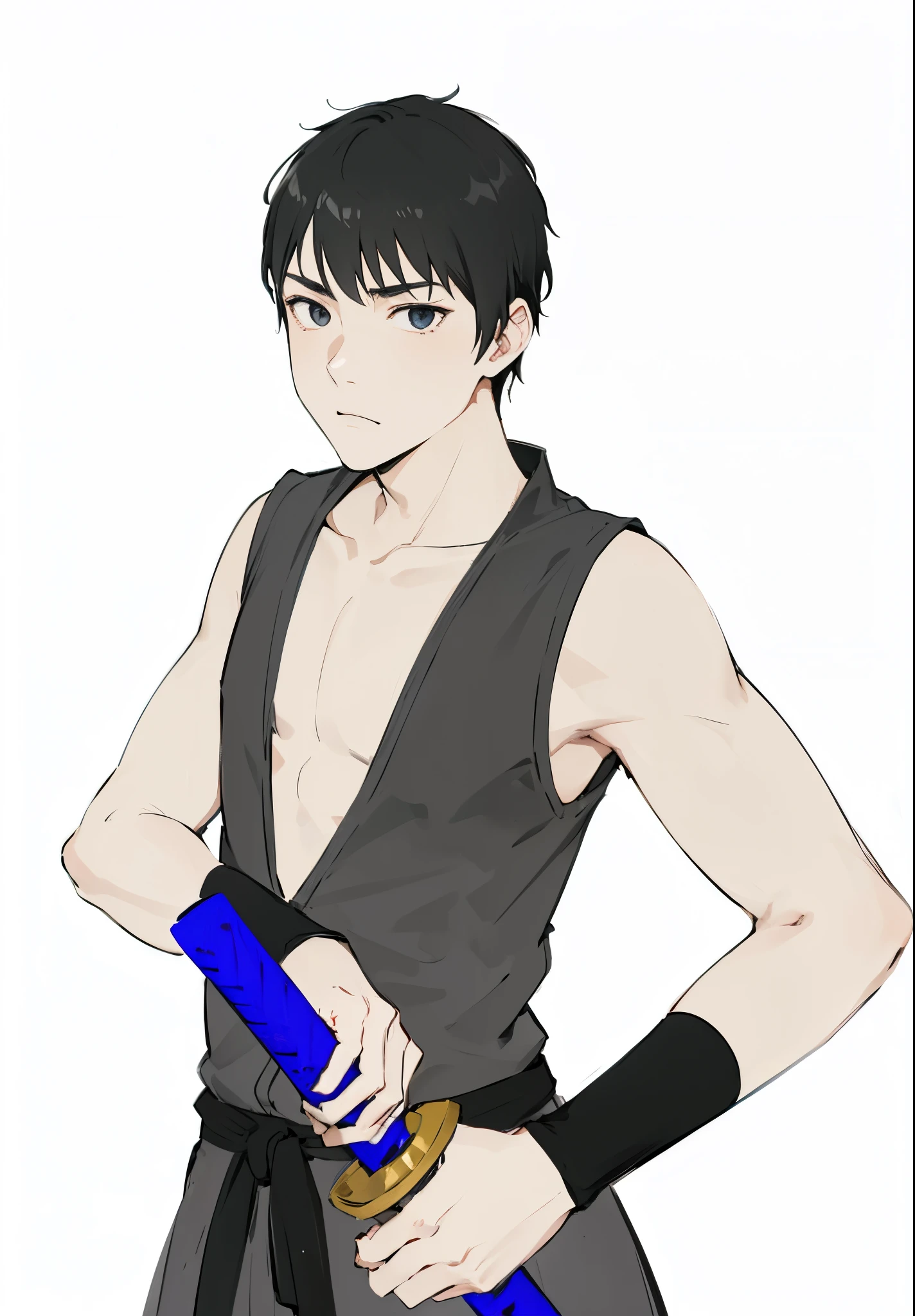 Anime black hair and black eyes boy wearing black clothes holding blue katana