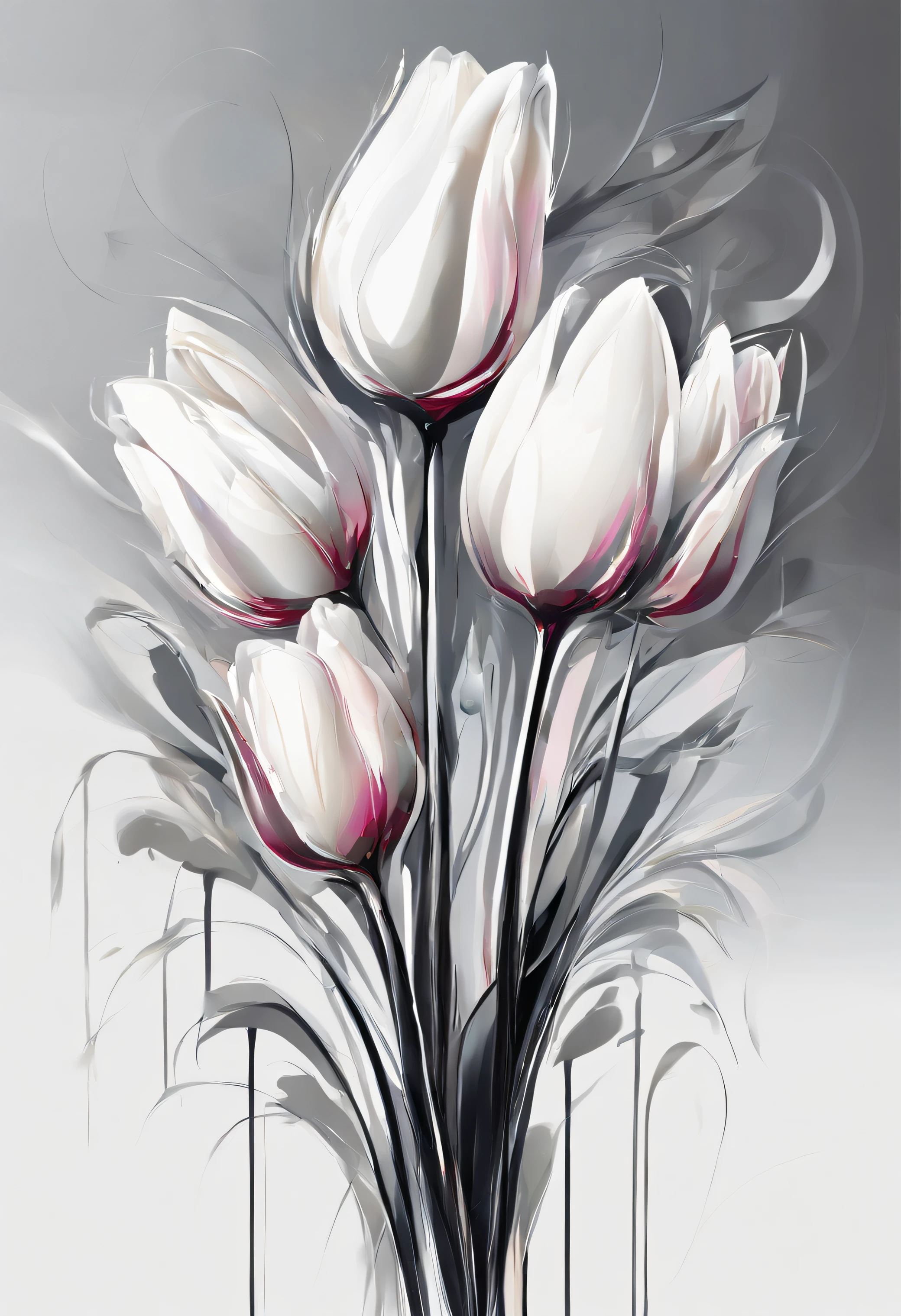 Draw an abstract painting of a single flower.,white tulip flowers、use acrylic paint、Abstract artist known for his unique use of acrylic pouring, real brush strokes,aesthetic composition,Minimal style, neurological stroke、reflective form、Expressing the purity and guilt of white tulips with a sharp contrast.、express inner conflict、Based on clear monotone with shadows、Add moist compacted sand、Enhances the texture and tactile elements of your artwork, While staring at this image, oot、Interaction of color and texture、Feeling guilty、guided by guilt