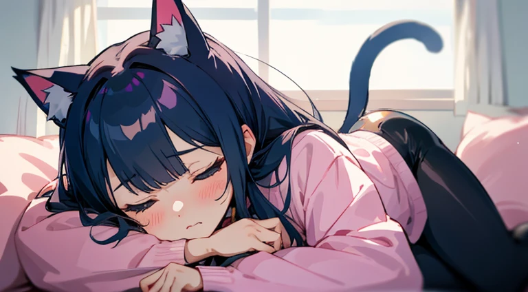 [[girl with twintail hair]]，[[Wearing an oversized shirt]]，[[[Pink double ponytail]]]，Wearing cat ears,[[accidentally fell asleep]], Girl with cat ears, Anime cute art style, cute anime catgirl, Popular topics on artstation pixiv, Anime Catwoman, [[Sleep on the couch]]，[With his eyes closed]，[A beam of light hits the body],[电影灯光],[[dual horsetail]]，[[Have a pleasant sleep]]