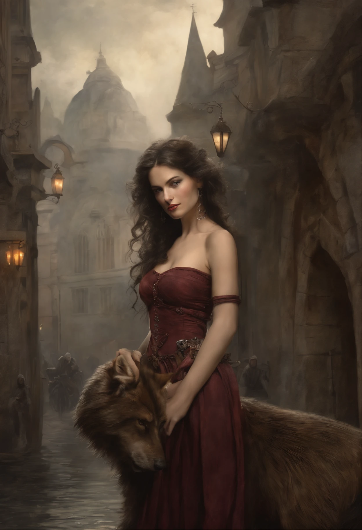 真实感, dark fantasy style, John Tolkien style, Small painting by Jean-Baptiste Monge, Soft facial features,Rocker Girl, Human Hand, Very clear, Without flaws, five fingers, with bright makeup, a little full, buxom, slight excess weight, Average height, dark pink lips, lip shape"bow" ,"Cool eyebrows in the shape of Angryburts, light gray eyes, large almond-shaped eyes, looking at away, black long wavy hair, large strands of hair fluttering in the wind ,In a short red silk fitted dress with a cutout...., Standing next to a motorcycle, early morning, The city, megalopolis, Jean-Baptiste Monge, anthropomorphic --ar 2:3 --testp -optimistic;
