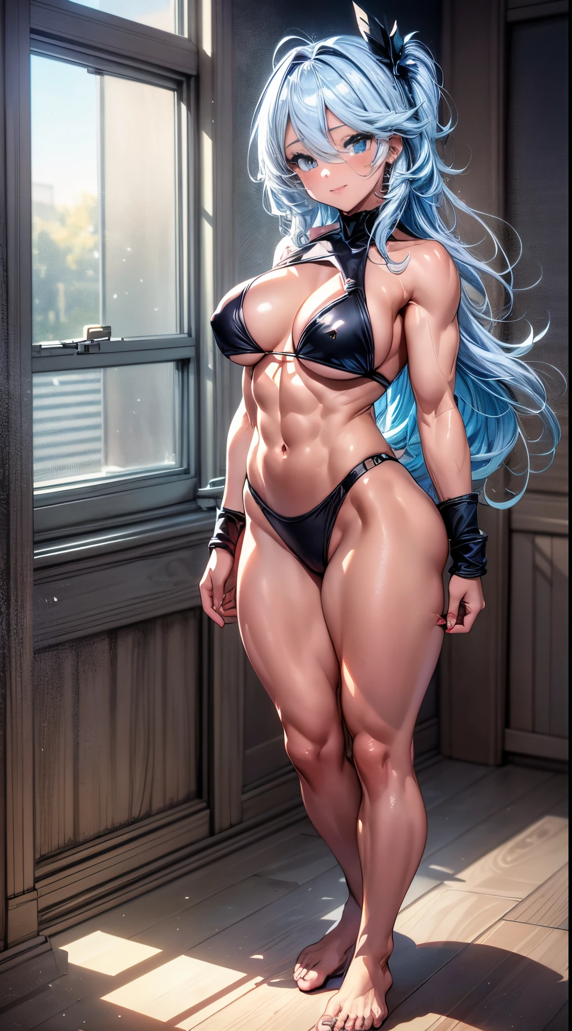 Furina from Genshin Impact), 1 girl, standing (in the motel room), nails painted blue, {{{very sexy thong bikini}}}, (((muscular legs))), (((showing your big ass for me))), muscular belly, standing, bare feet, (full body photo), (short hair), medium breasts, eye reflection, elongated eyes, elongated eyes, bad mood, anime, anime style , Cinematic lighting , shine, JPEG artifacts, bright light, divine rays, ray tracing, panorama, canon, UHD, master piece, textured skin, Super Detail, High details, best quality, ultra-high resolution, 16k