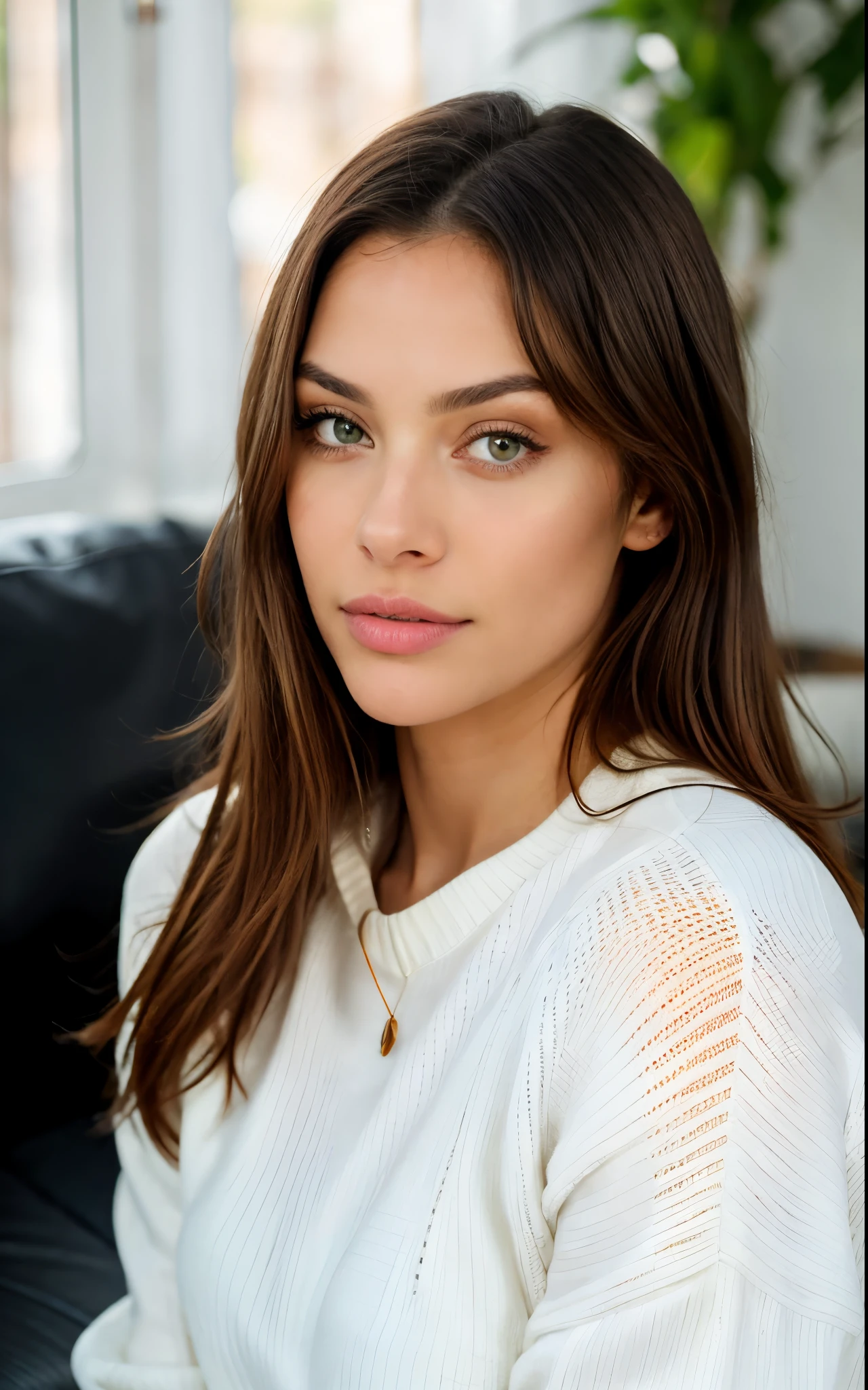 Gorgeous woman wearing light white sweater in her sofa living room very detailed, 23 years old, big lips, long nose,wearing natural makeup, natural dark long hair, green eyes, high resolution, masterpiece, best quality, intricate details, highly detailed, sharp focus, detailed skin, realistic skin texture, texture, detailed eyes, professional, 4k, charming smile, shot on Canon, 85mm, shallow depth of field, kodak vision color, perfect fit body, extremely detailed, foto_\(ultra\), photorealistic, realistic, post-processing, maximum detail, roughness, real life, ultra realistic, photorealism, photography, 8k uhd, photography