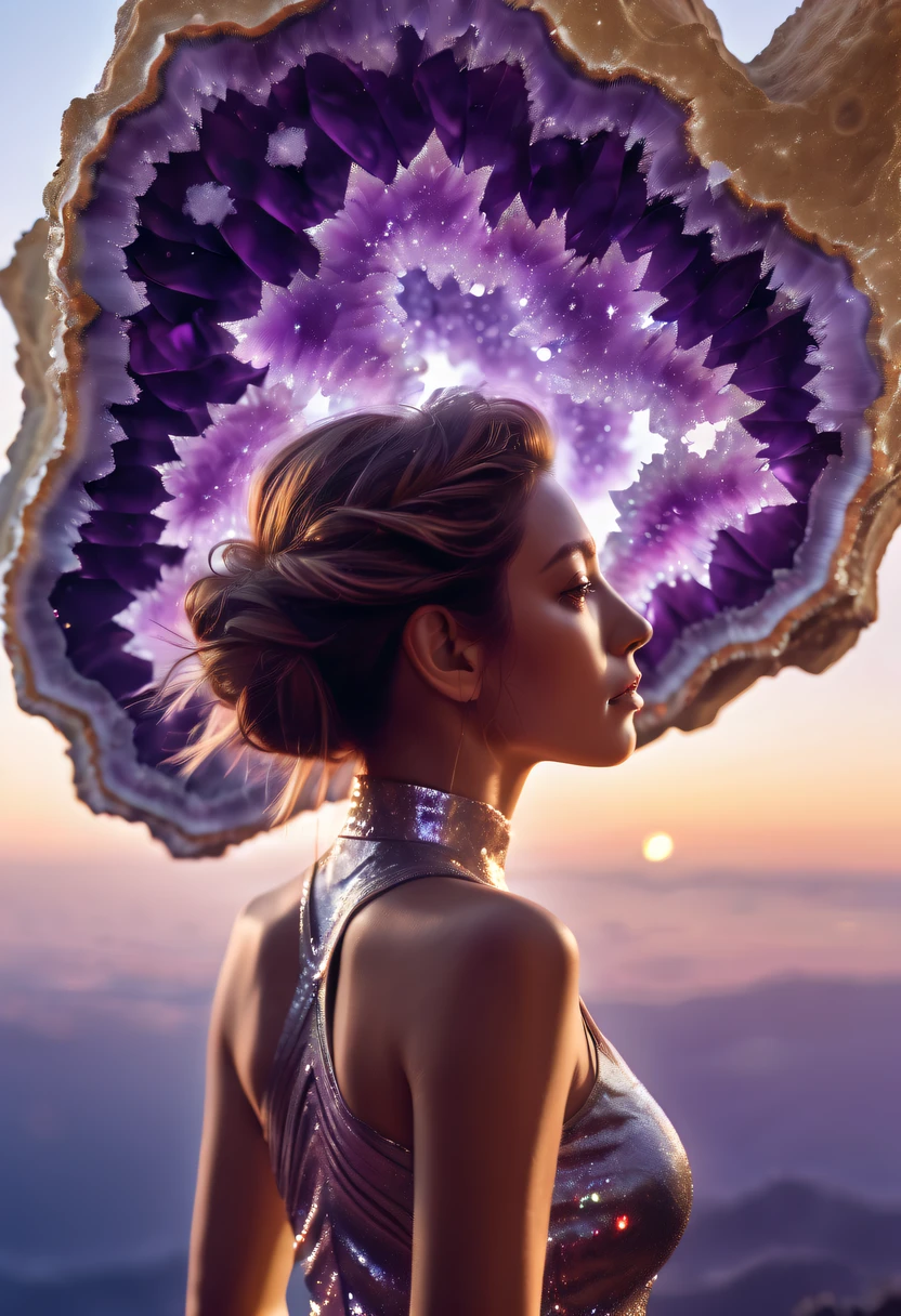 Girl in amethyst geode,hyper realisitc,(multiple exposure:1.5),Huge amethyst geode, amazing amethyst geode, geode, Druze Geode, Amethyst, wonderful mineral art,Stunningly detailed, 8K,