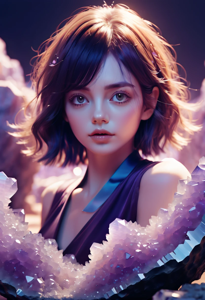 Girl in amethyst geode,hyper realisitc,(multiple exposure:1.5),Huge amethyst geode, amazing amethyst geode, geode, Druze Geode, Amethyst, wonderful mineral art,Stunningly detailed, 8K,