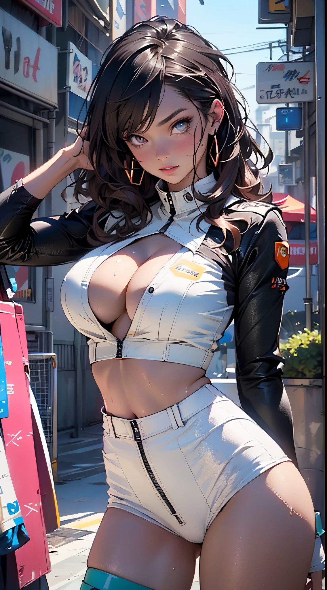 cute pit girl,(((1girl))),((pit girl with extremely cute and beautiful brown hair)),
(large breasts:1.4),saggy breasts,(((brown wavy hair:1.35,colored inner hair,ear breathing,large hair))),((heterochromia:1.5, (yellow_eye and pink_eye))),intricate eyes,beautiful detailed eyes,symmetrical eyes,big eyes:1.3,,((fat)),(((olive skin,lustrous skin:1.5,bright skin: 1.5,skin tanned,shiny skin,very shiny skin,shiny body,plastic glitter skin,exaggerated shiny skin,illuminated skin,wet legs))),(spider lower abdomen,narrow waist,wide hip,athletic body,inflated legs, thick thighs,detailed body,(detailed face)),
cute,slutty,seductive,erotic,(nsfw),
zettai ryouiki,(((race queen style costume, attractive companion costumes,pit girl costume))),(magenta suit unbuttoned,magenta costume),(((huge cleavage))),cleavage cutout,((wet clothes,intricate outfit,intricate clothes)),
(dynamic pose:1.0),solo focus,embarrassed,(centered,scale to fit dimensions,Rule of thirds),
cyberpunk city by the ocean at night, with bright neon signs and dark stormy clouds and puddles, scenery:1.25,nighttime, starry night, cosmos,Very dark night that makes the neon lights stand out, very bright neon lights,nighttime, starry night, cosmos,
artistic photography,(photography taken by sldr),highres, sharp focus,(ultra detailed, extremely detailed), (photorealistic artwork:1.37),(extremely detailed CG unity 8k wallpaper),((synthwave background theme)),(((vibrant colors))),intricate,(intricate background),(masterpiece),(best quality),perfect rendered face,perfect face details,realistic face,photo realistic,analog style,((intricate detail)),(((realism))),