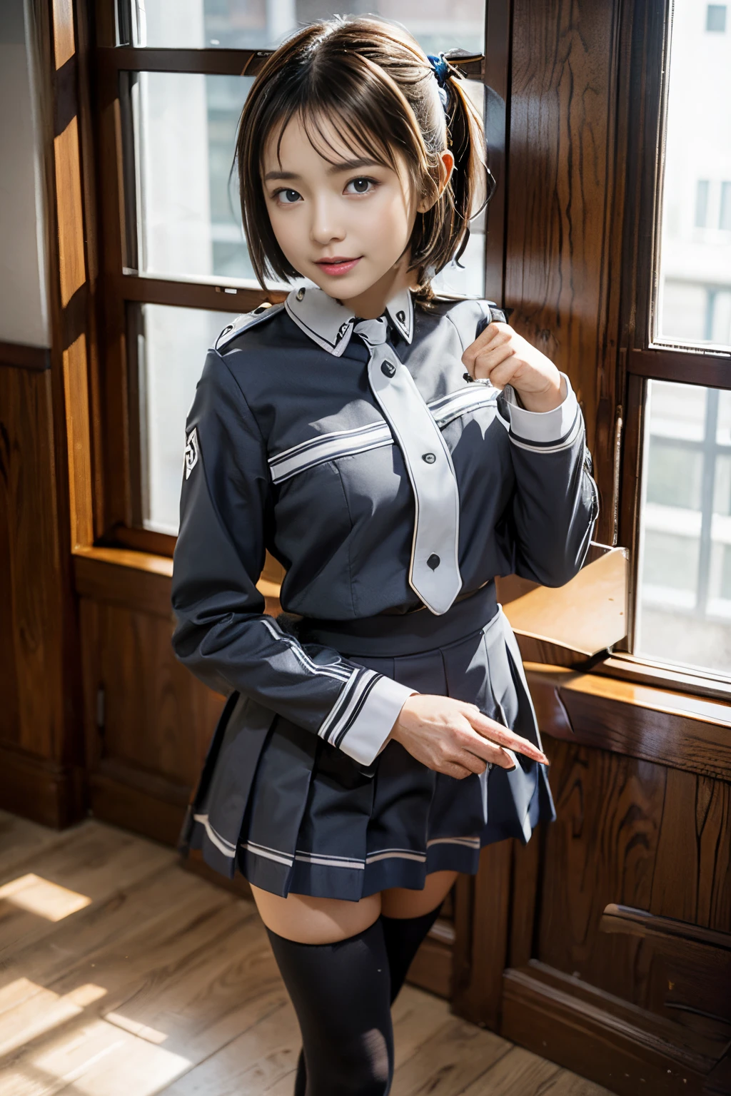 Ronye Arabel, short hair, blue eyes, RonyeUniform, long sleeves, school uniform, grey skirt, black thighhighs